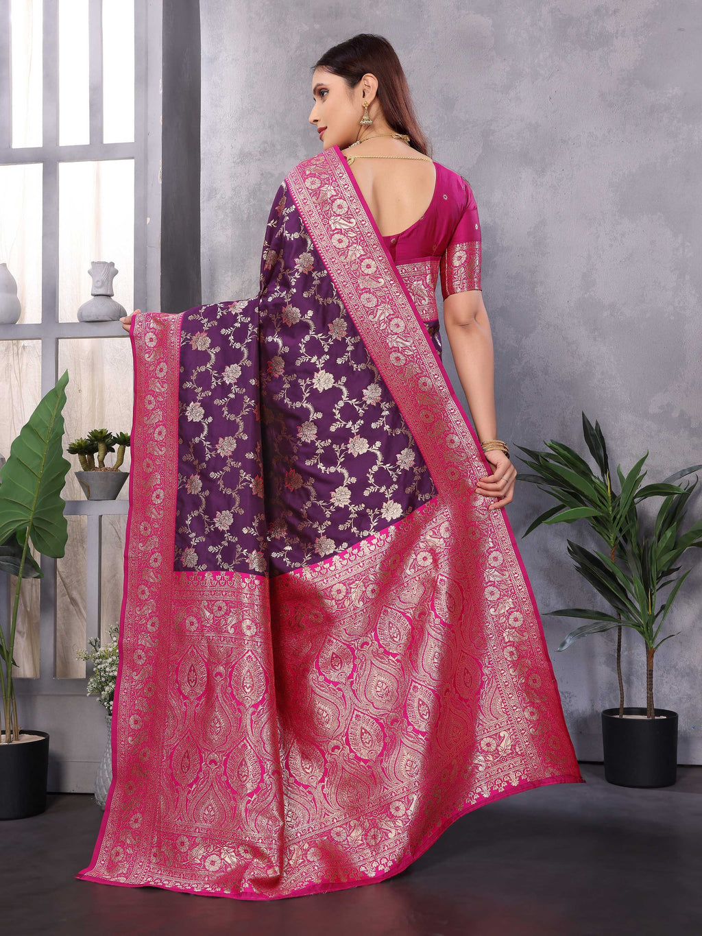 Sonakshi Women's Purple Banarasi Silk Zari Woven Traditional Saree with Blouse - Distacart