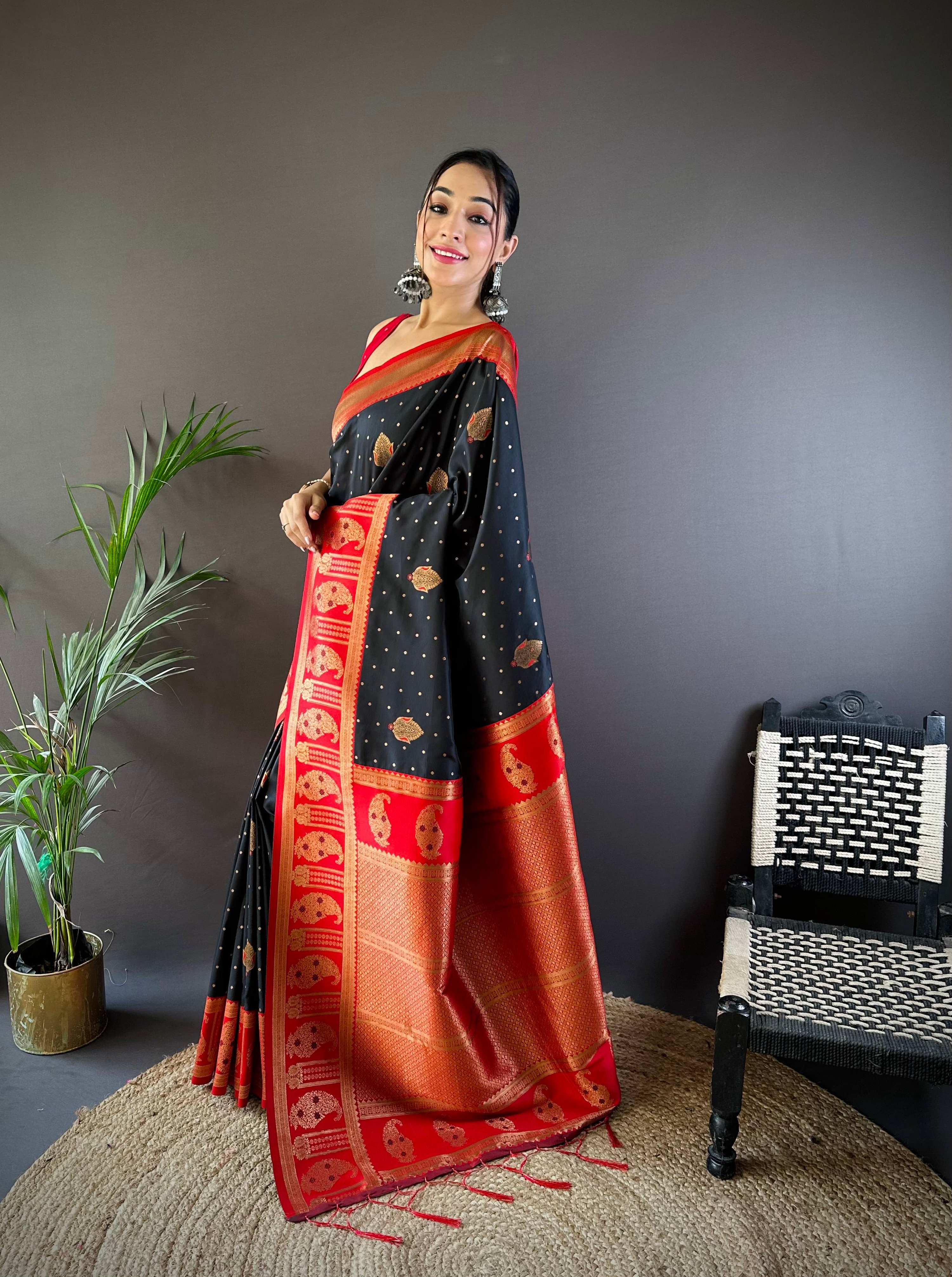 Sonakshi Women's Black Banarasi Silk Zari Woven Traditional Saree with Blouse - Distacart
