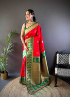 Sonakshi Women's Red Banarasi Silk Zari Woven Traditional Saree with Blouse - Distacart