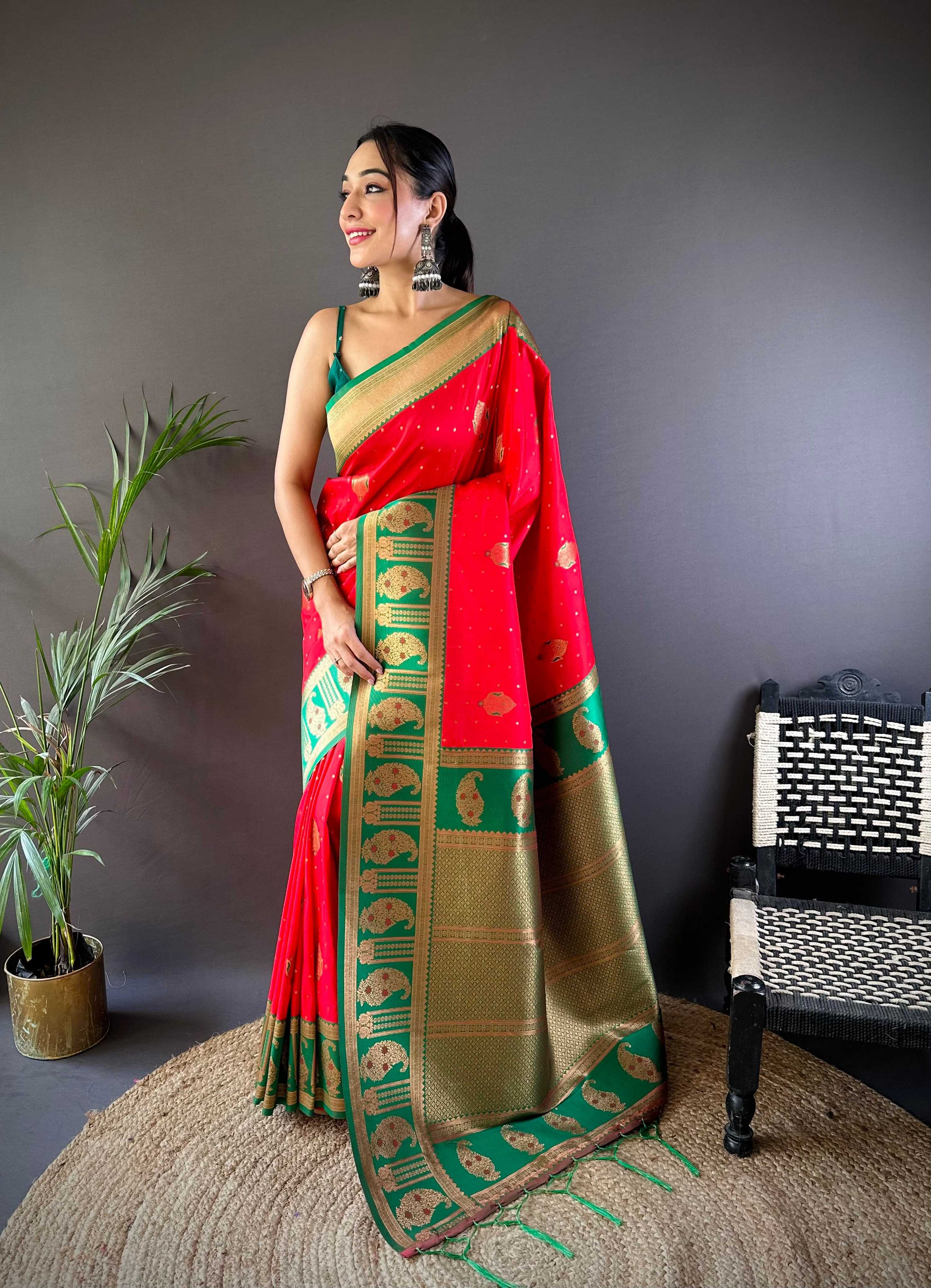 Sonakshi Women's Red Banarasi Silk Zari Woven Traditional Saree with Blouse - Distacart