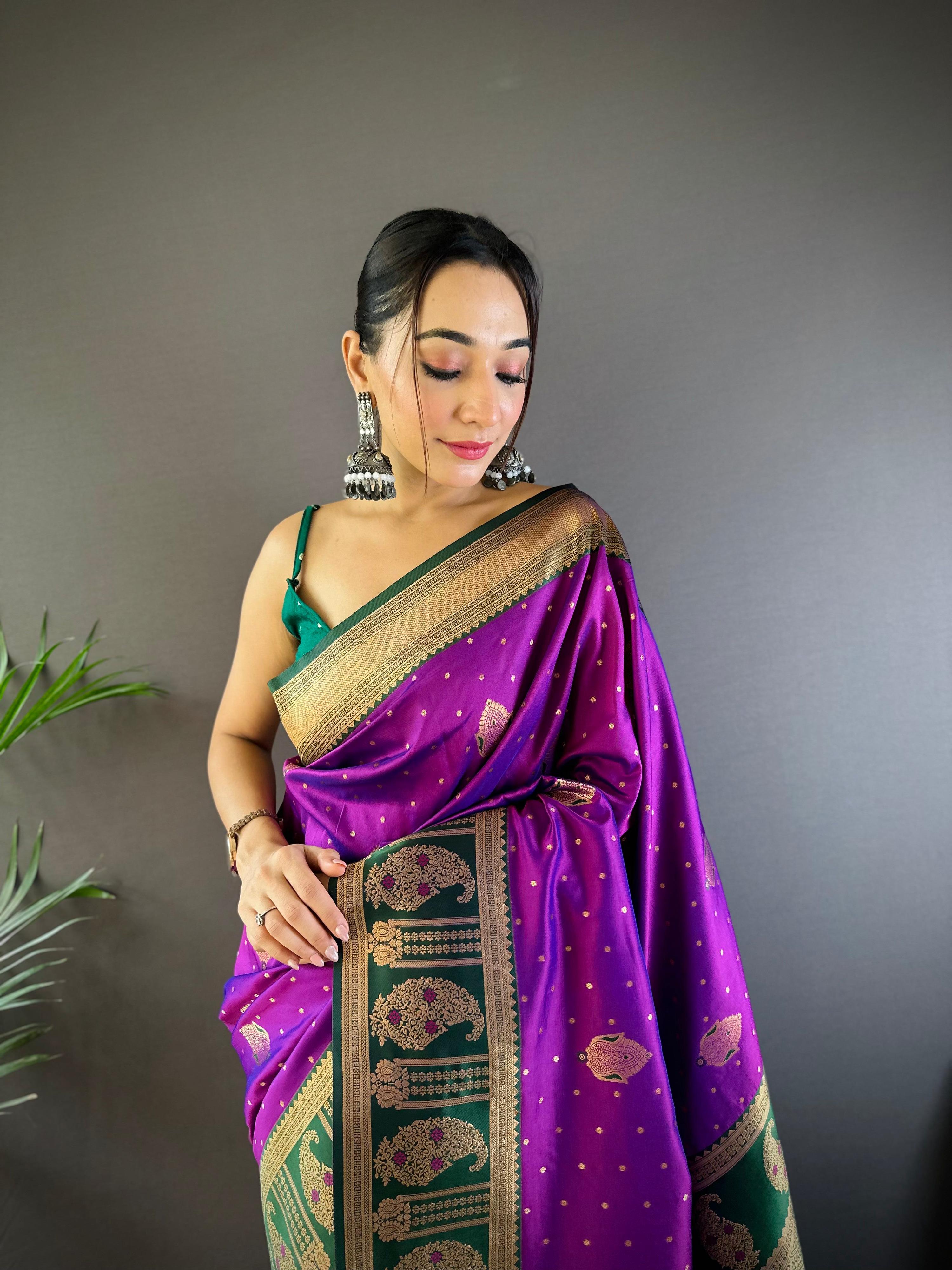 Sonakshi Women's Purple Banarasi Silk Zari Woven Traditional Saree with Blouse - Distacart