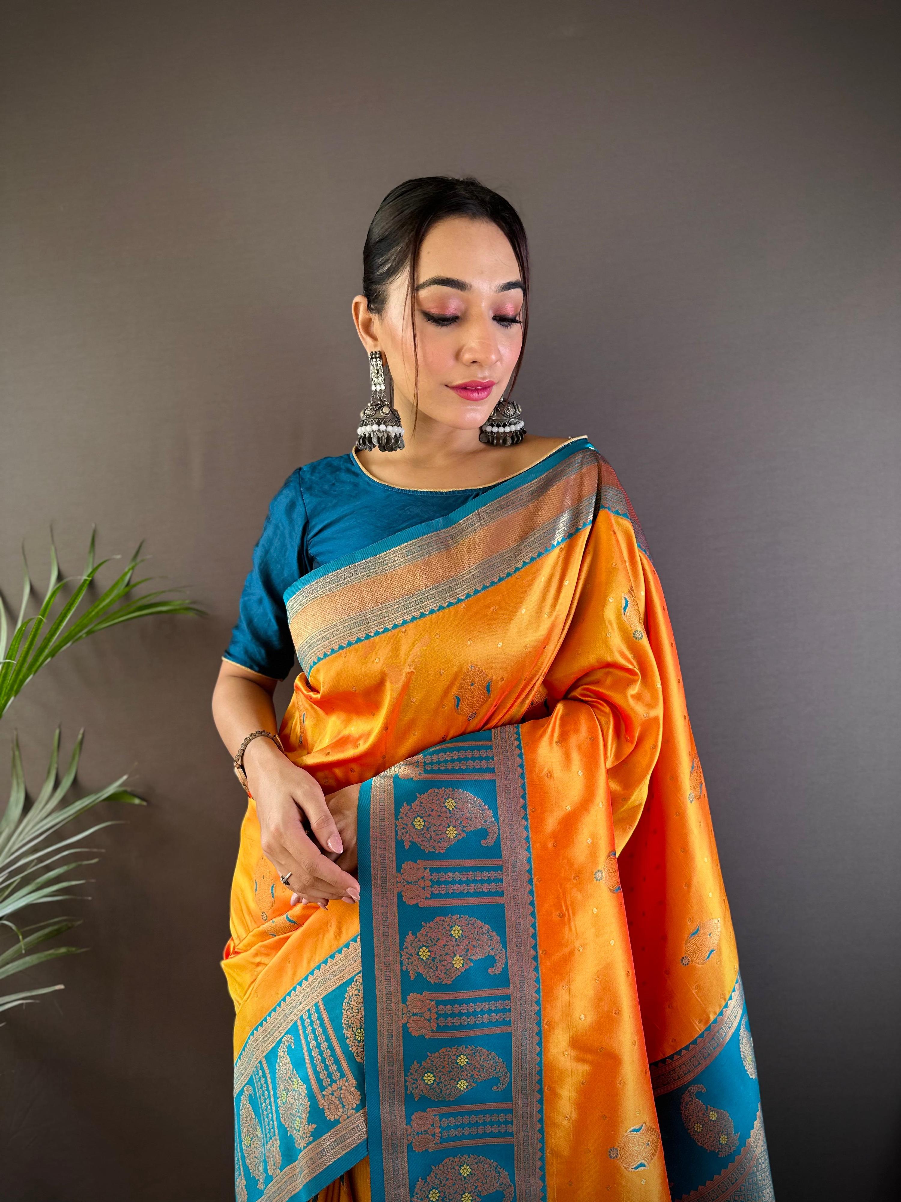 Sonakshi Women's Yellow Banarasi Silk Zari Woven Traditional Saree with Blouse - Distacart