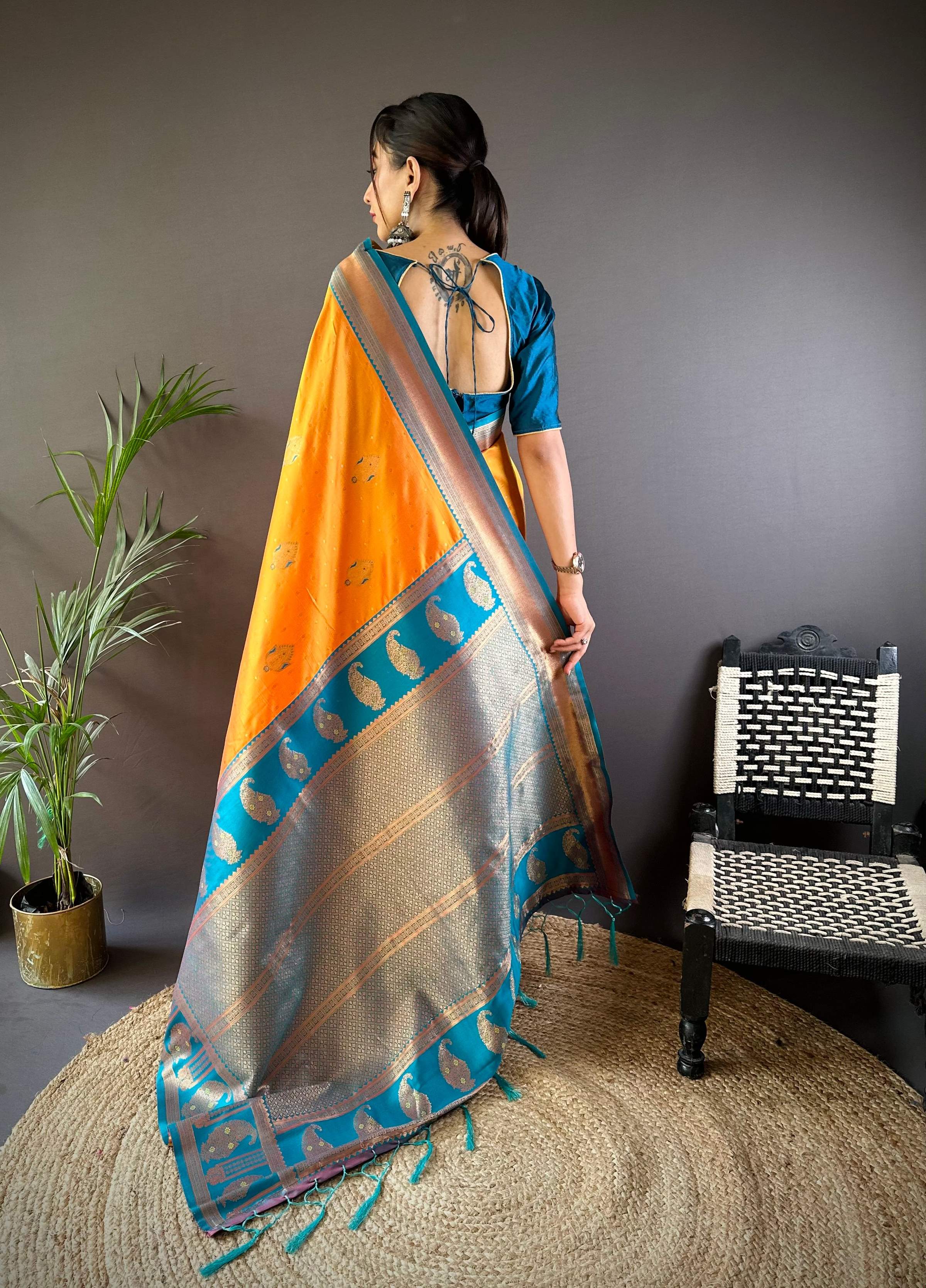 Sonakshi Women's Yellow Banarasi Silk Zari Woven Traditional Saree with Blouse - Distacart