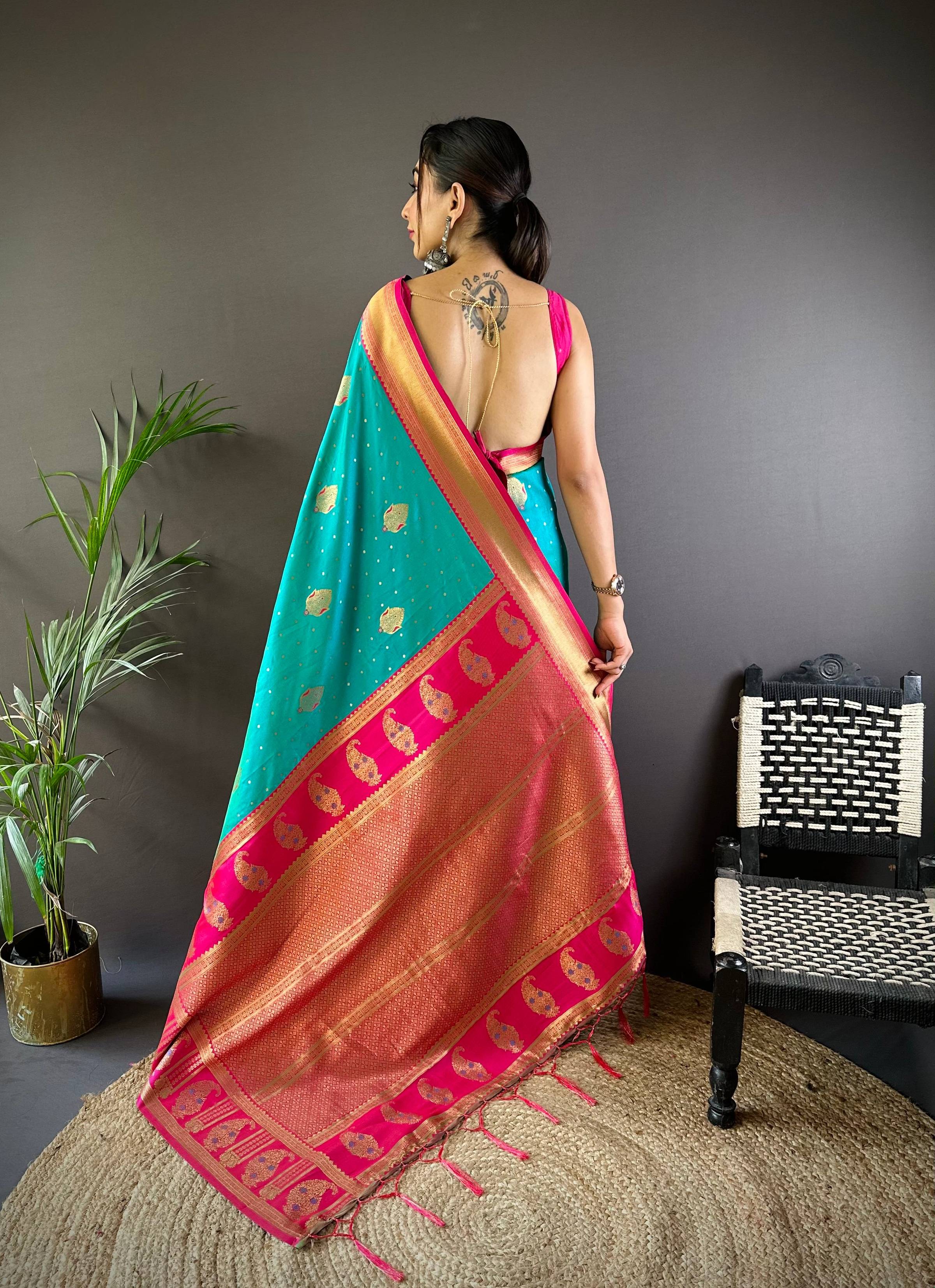 Sonakshi Women's Seagreen Banarasi Silk Zari Woven Traditional Saree with Blouse - Distacart
