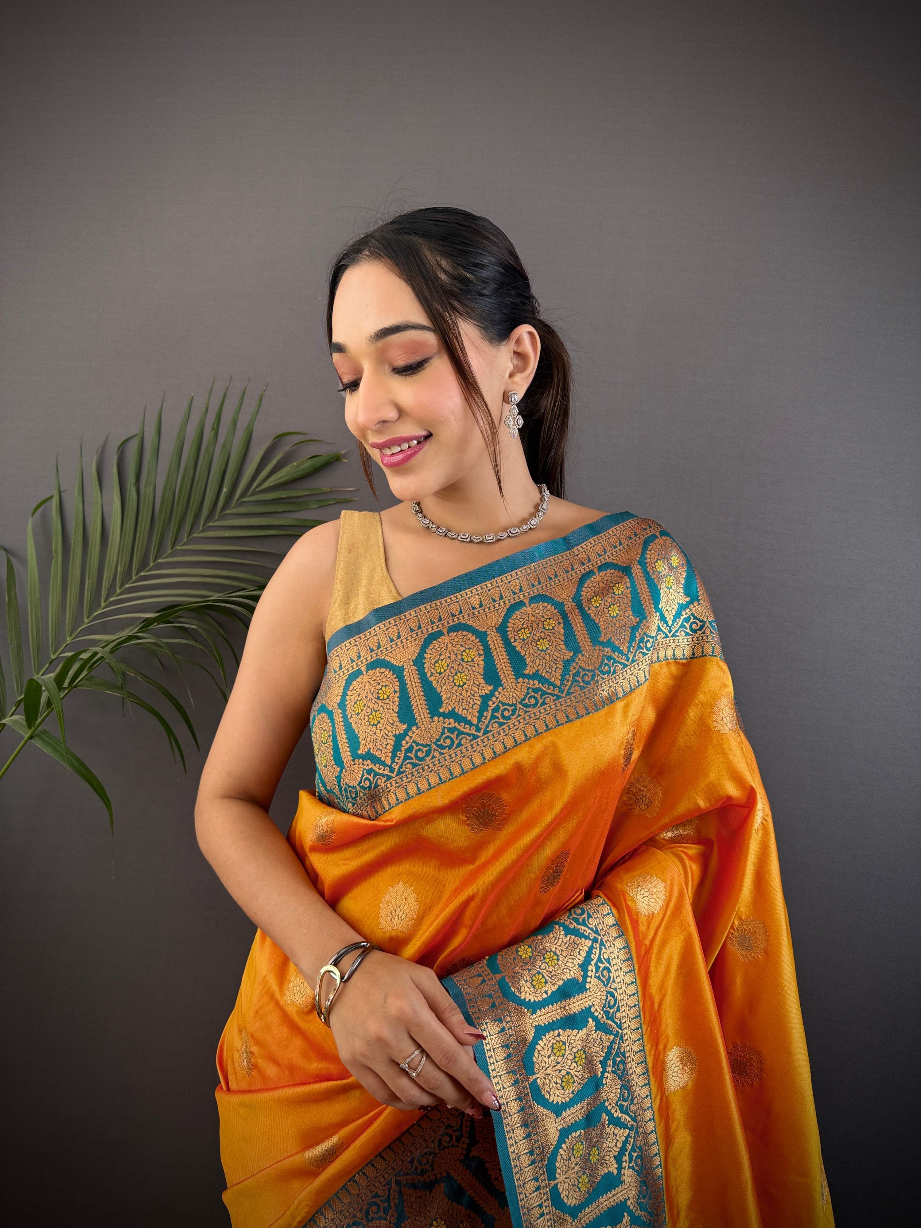 Sonakshi Women's Morepeech Banarasi Silk Zari Woven Traditional Saree with Blouse - Distacart