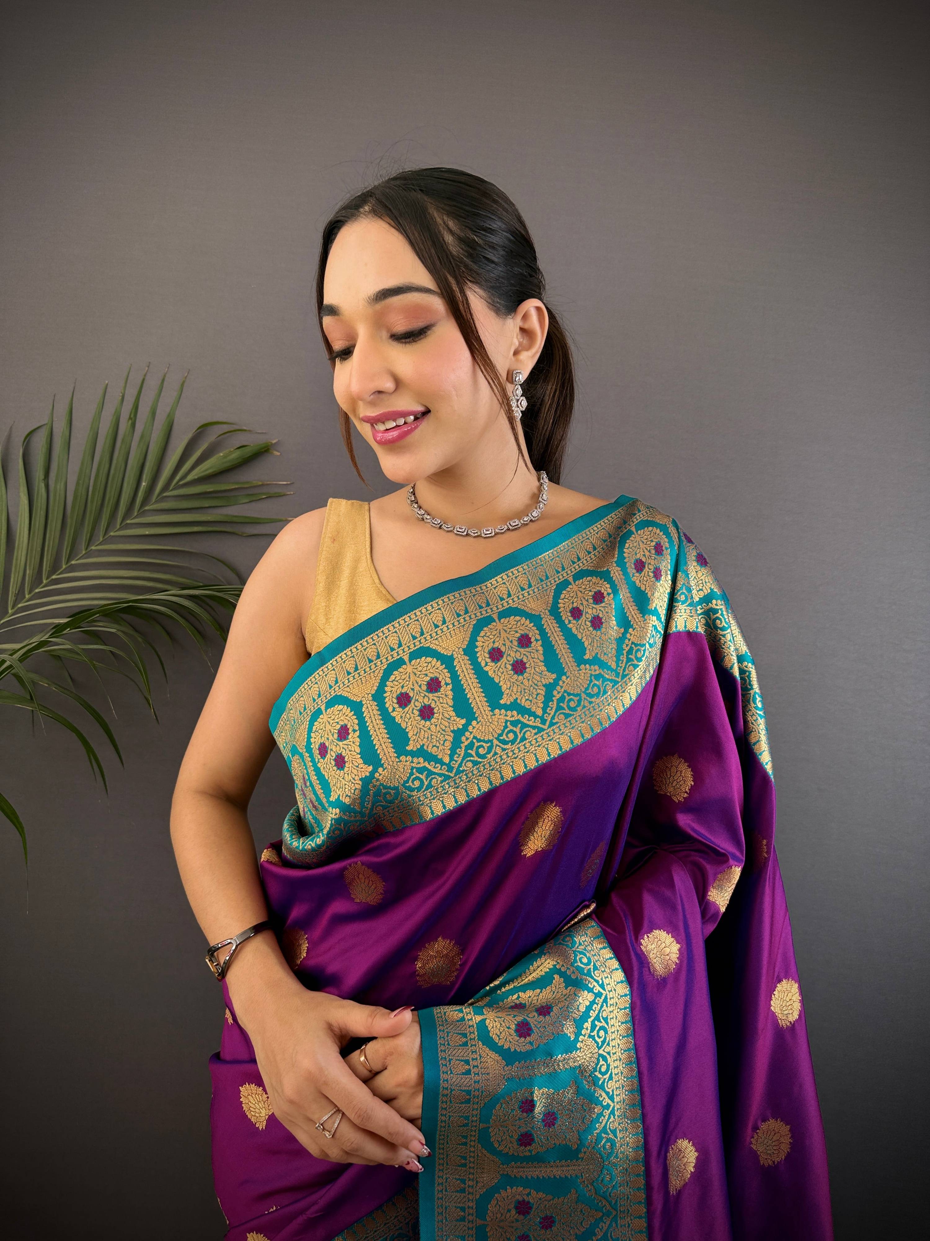 Sonakshi Women's Purple Banarasi Silk Zari Woven Traditional Saree with Blouse - Distacart
