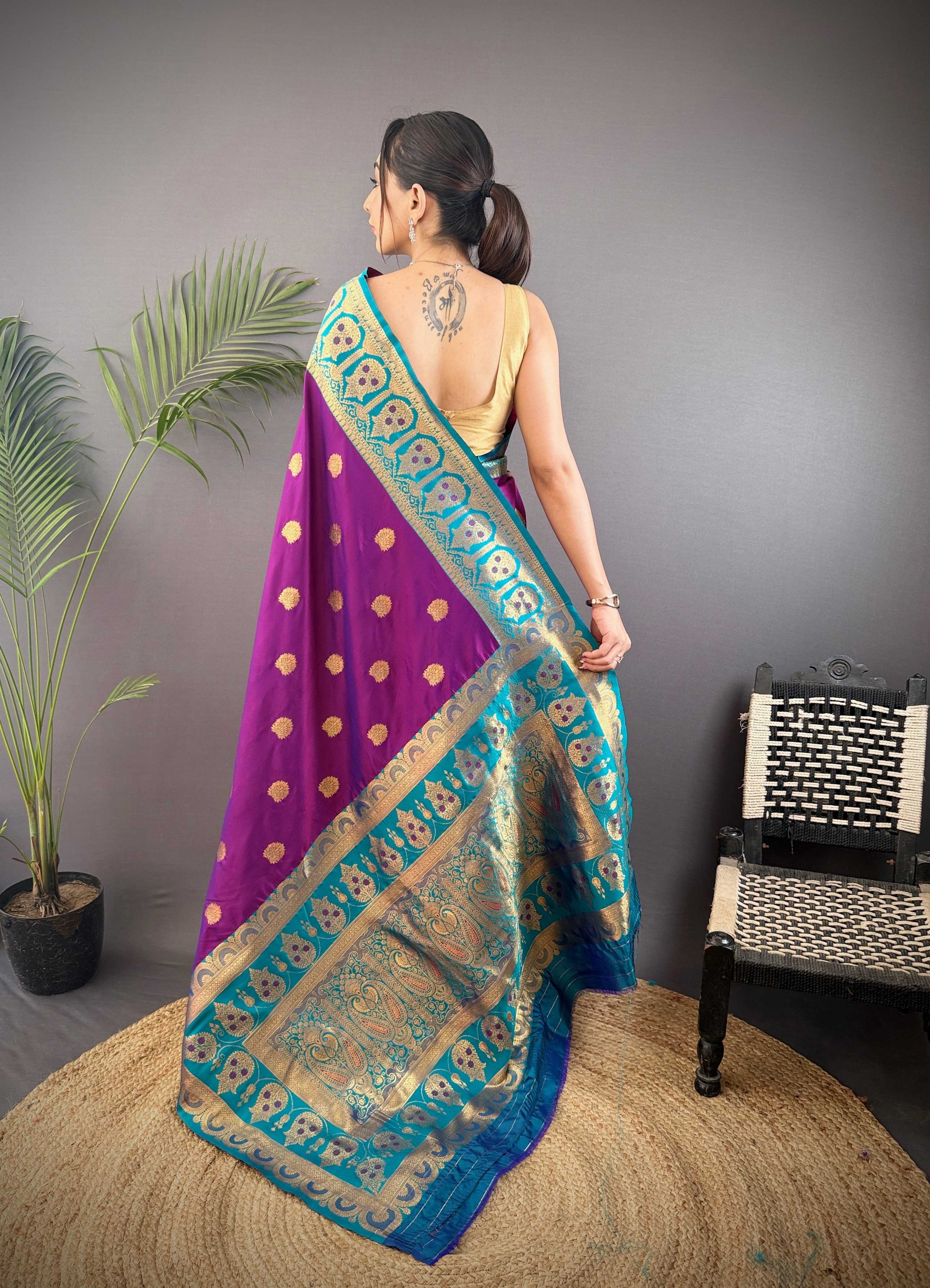 Sonakshi Women's Purple Banarasi Silk Zari Woven Traditional Saree with Blouse - Distacart