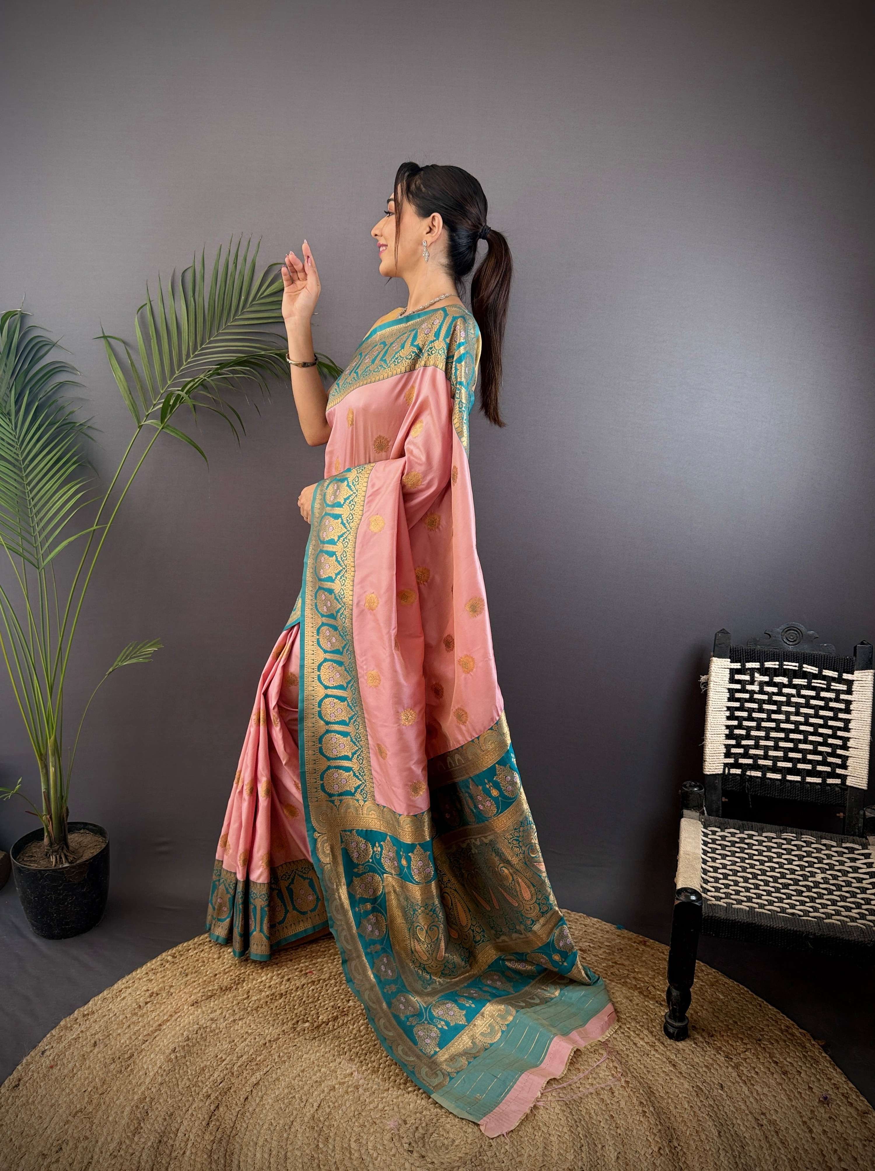 Sonakshi Women's Light Peach Banarasi Silk Zari Woven Traditional Saree with Blouse - Distacart