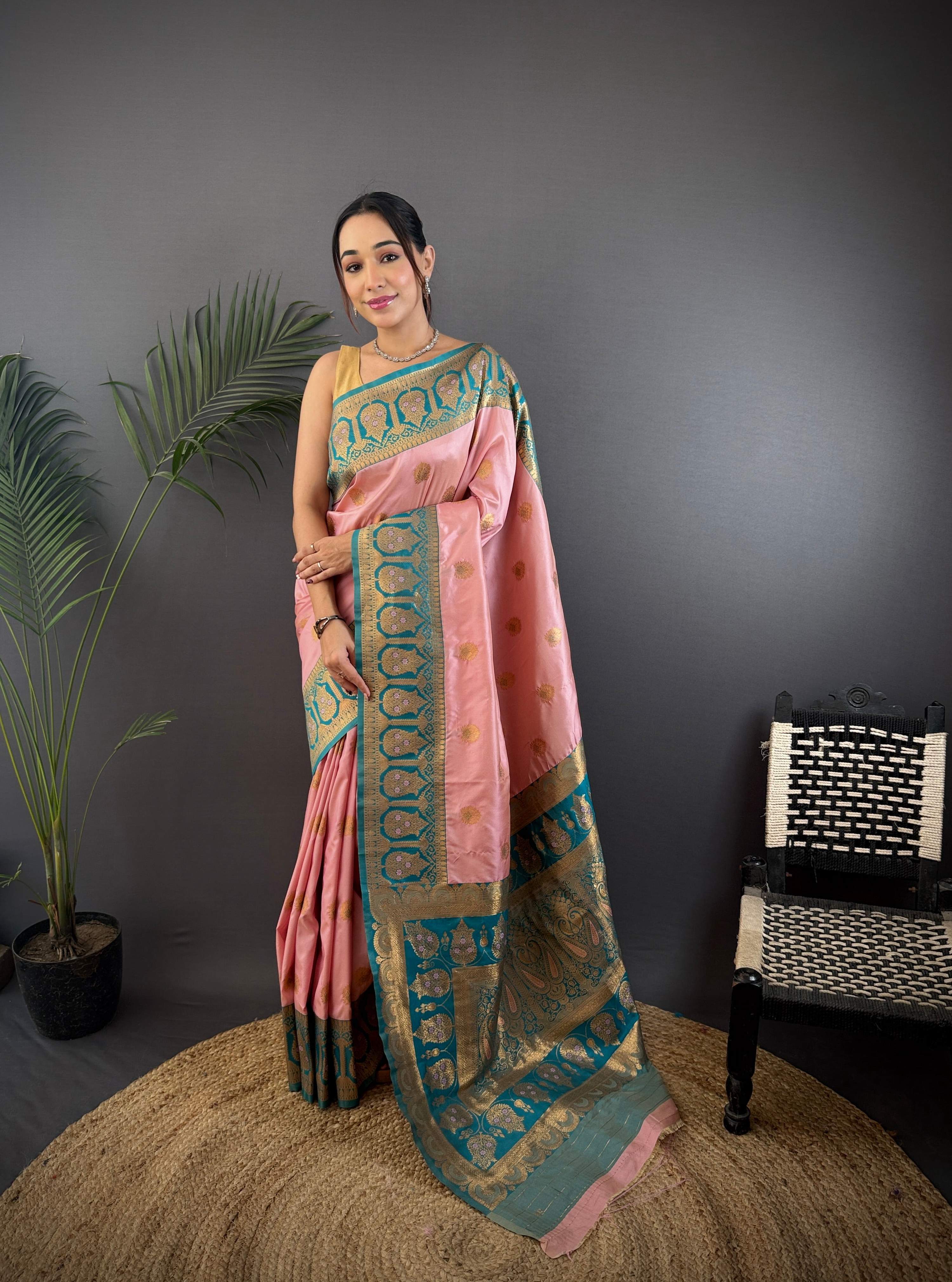 Sonakshi Women's Light Peach Banarasi Silk Zari Woven Traditional Saree with Blouse - Distacart