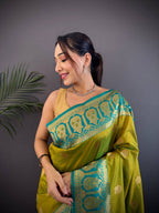 Sonakshi Women's Mehendi Banarasi Silk Zari Woven Traditional Saree with Blouse - Distacart