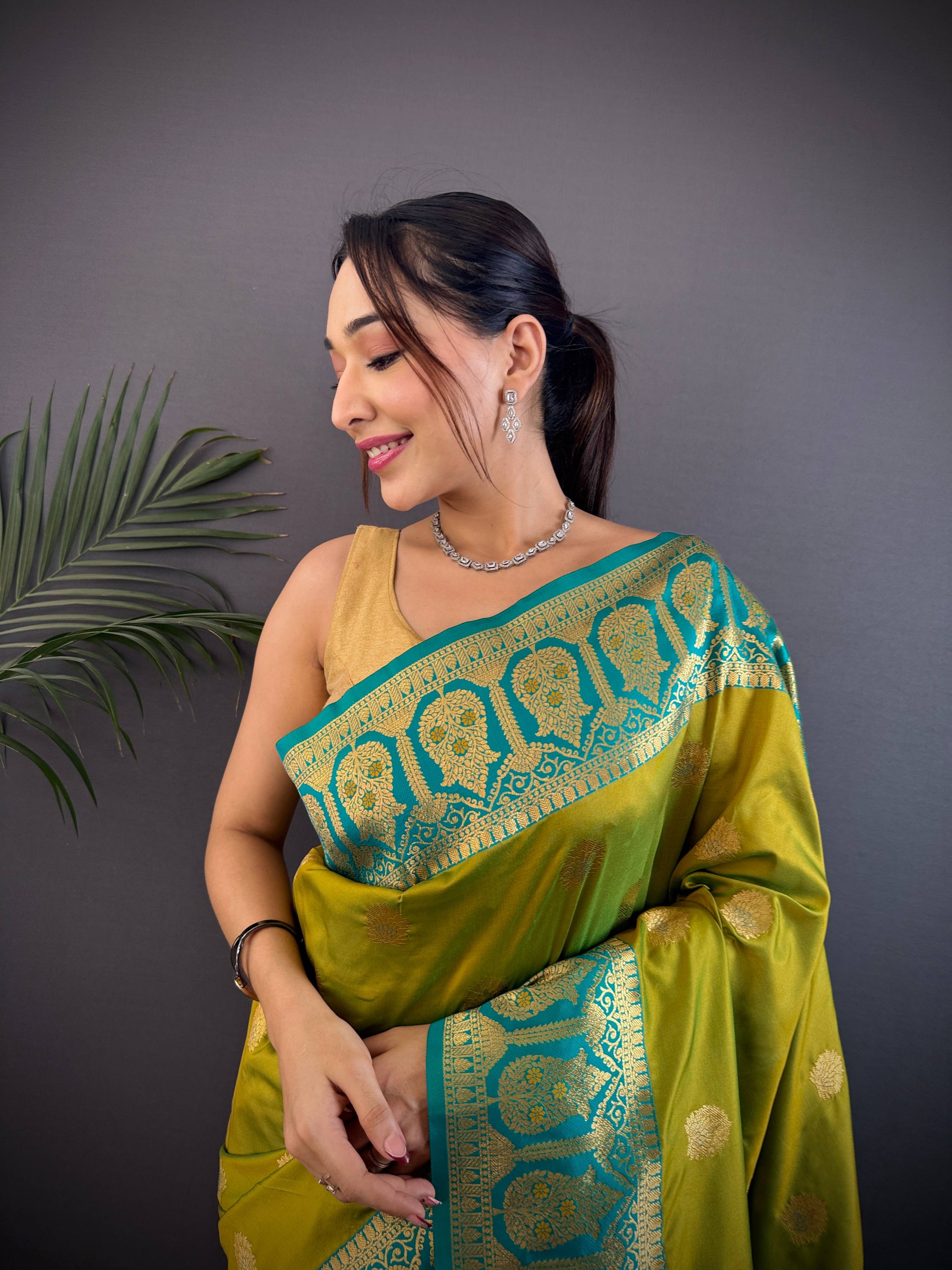 Sonakshi Women's Mehendi Banarasi Silk Zari Woven Traditional Saree with Blouse - Distacart