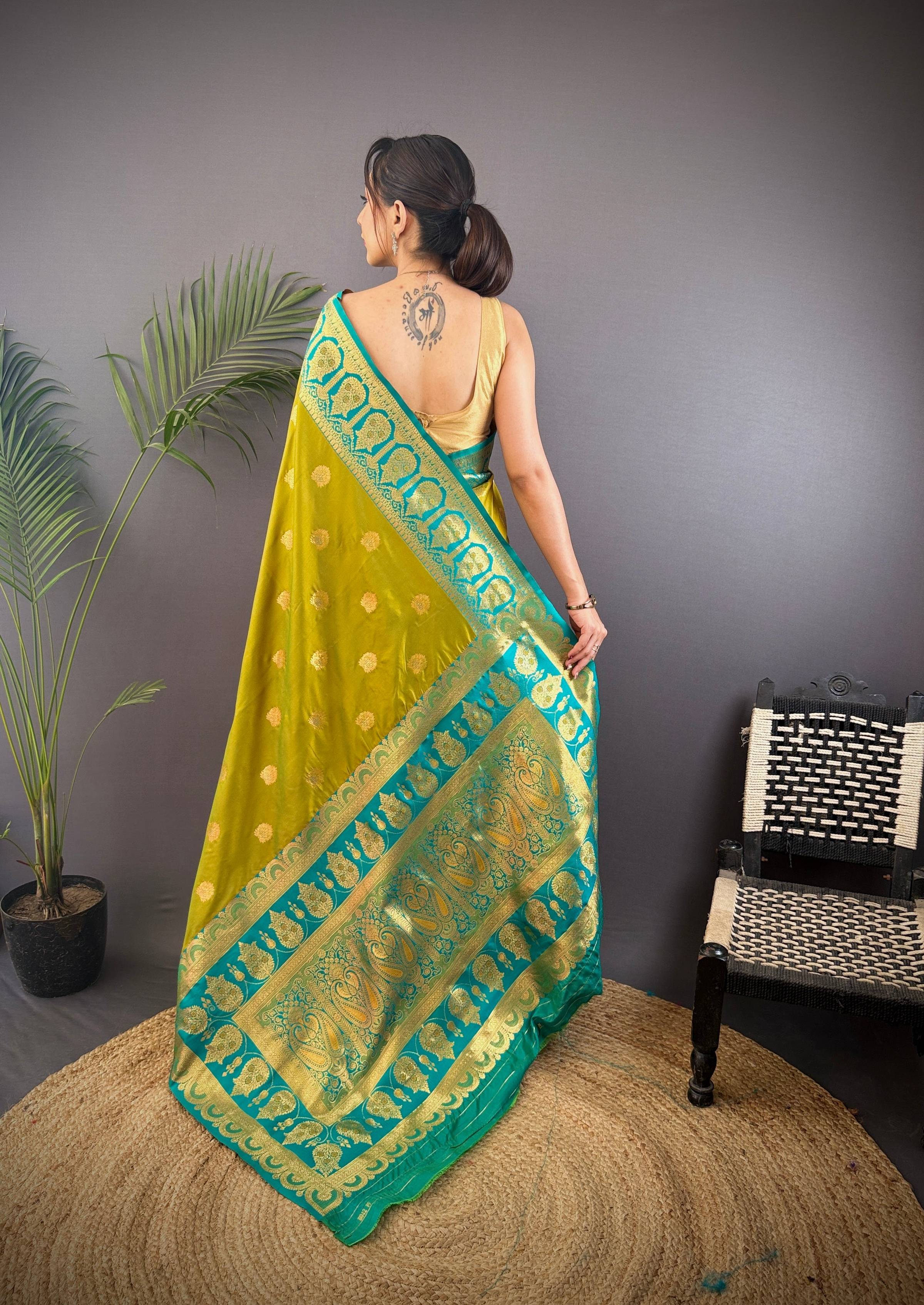 Sonakshi Women's Mehendi Banarasi Silk Zari Woven Traditional Saree with Blouse - Distacart