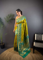 Sonakshi Women's Mehendi Banarasi Silk Zari Woven Traditional Saree with Blouse - Distacart