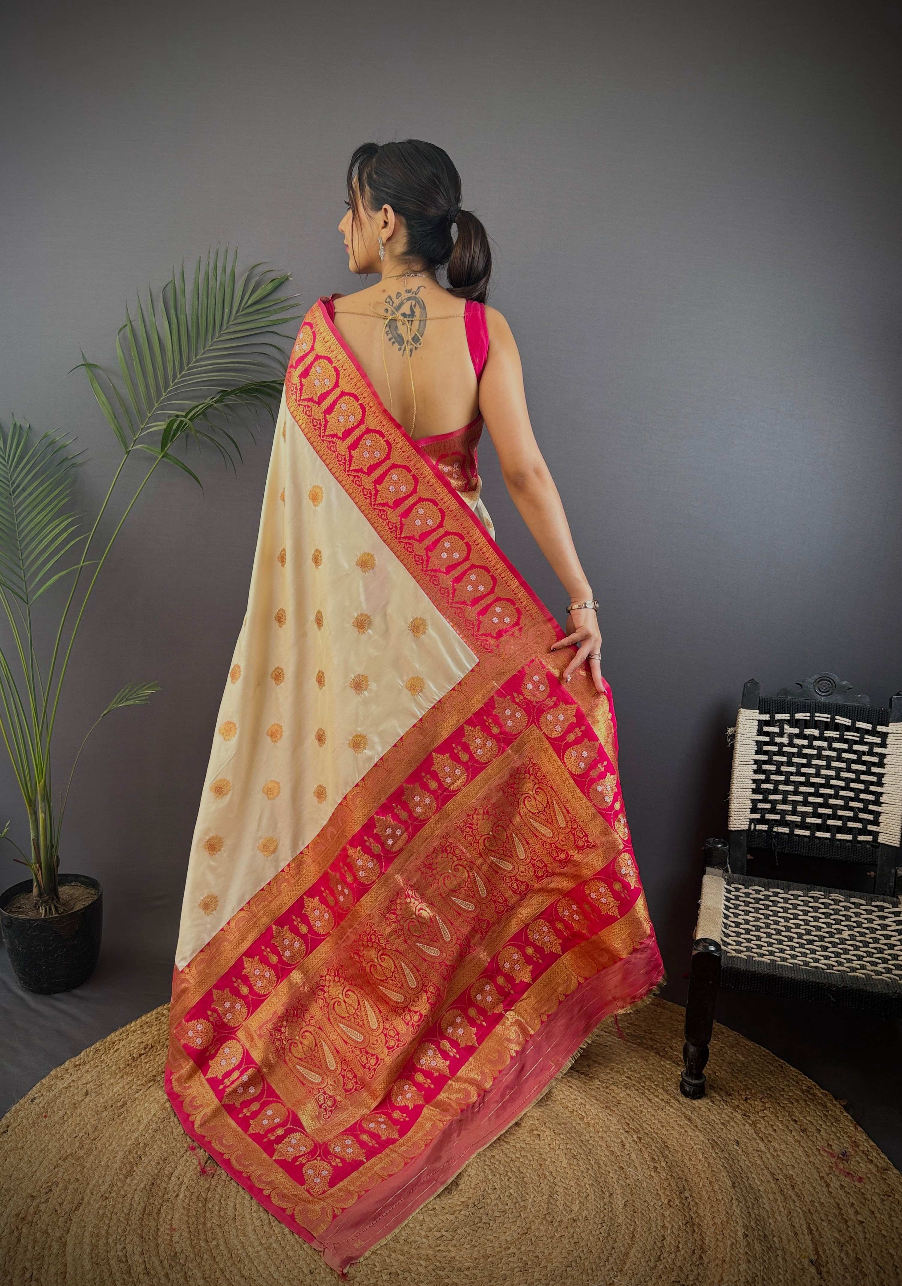 Sonakshi Women's Cream Banarasi Silk Zari Woven Traditional Saree with Blouse - Distacart