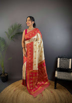 Sonakshi Women's Cream Banarasi Silk Zari Woven Traditional Saree with Blouse - Distacart