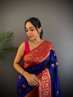 Sonakshi Women's Navy Blue Banarasi Silk Zari Woven Traditional Saree with Blouse - Distacart