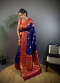 Sonakshi Women's Navy Blue Banarasi Silk Zari Woven Traditional Saree with Blouse - Distacart