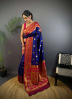 Sonakshi Women's Navy Blue Banarasi Silk Zari Woven Traditional Saree with Blouse - Distacart