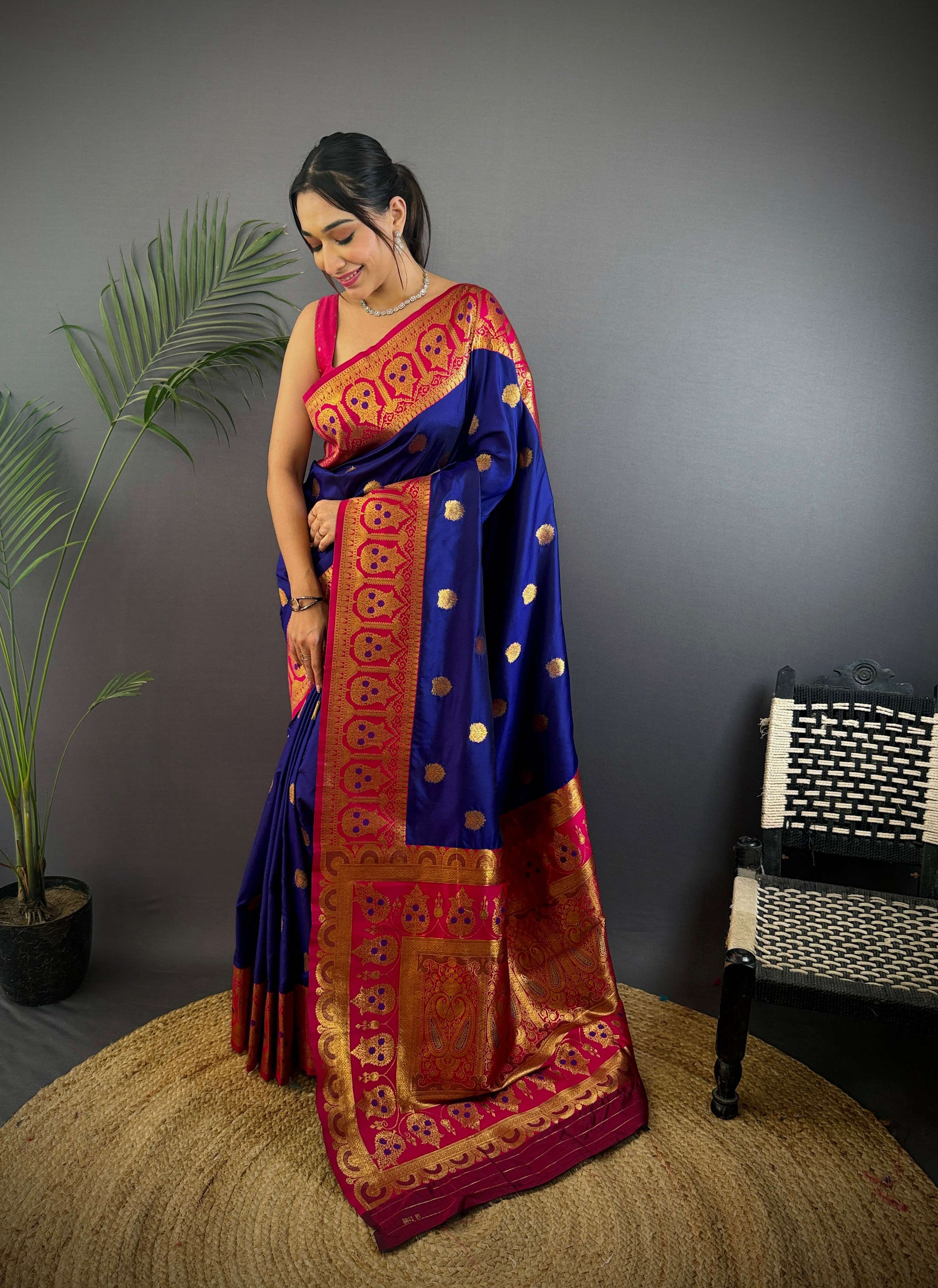 Sonakshi Women's Navy Blue Banarasi Silk Zari Woven Traditional Saree with Blouse - Distacart