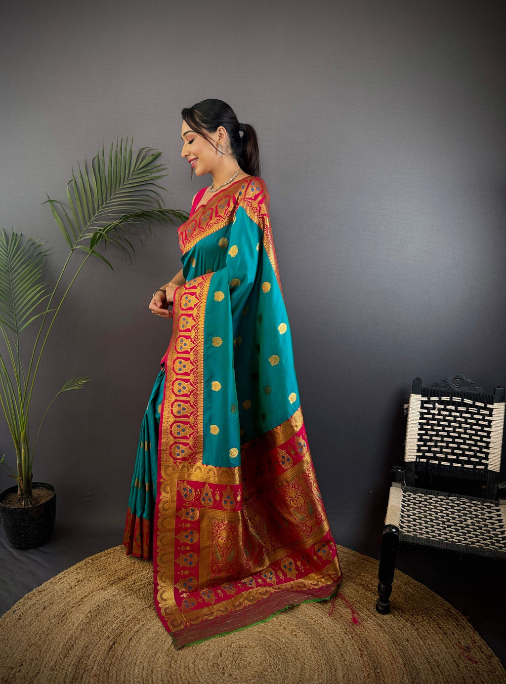 Sonakshi Women's Teal Banarasi Silk Zari Woven Traditional Saree with Blouse - Distacart