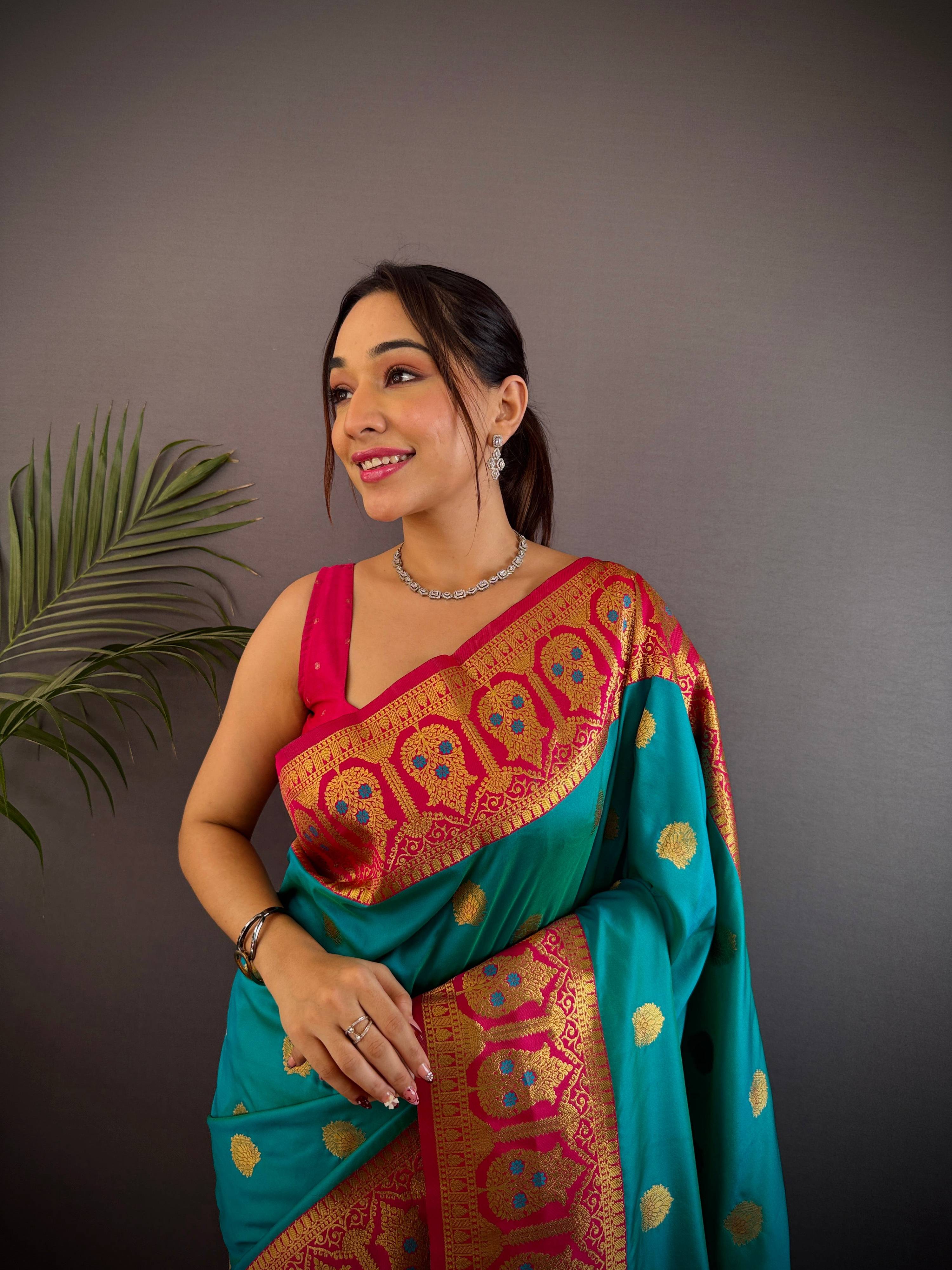 Sonakshi Women's Teal Banarasi Silk Zari Woven Traditional Saree with Blouse - Distacart