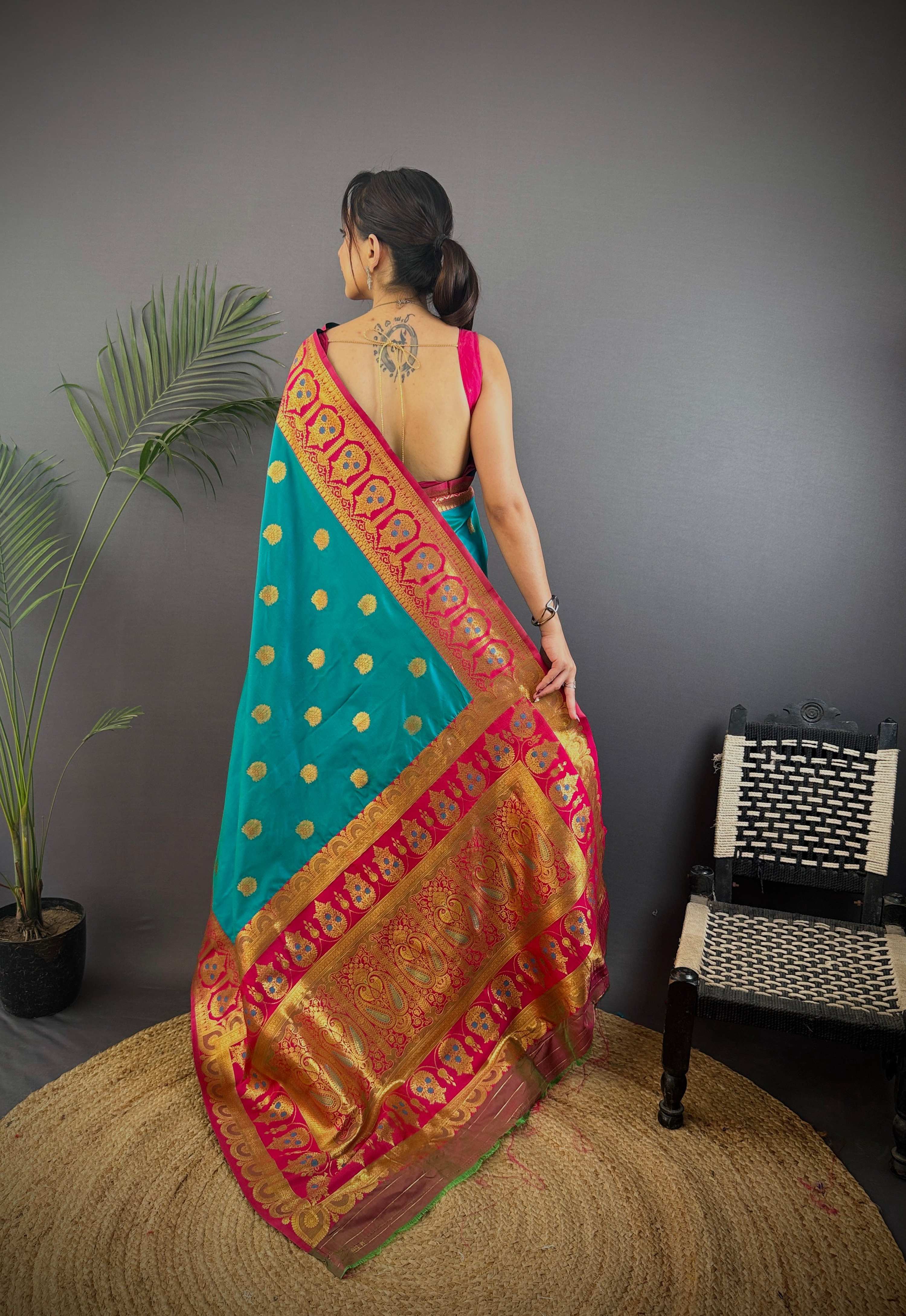 Sonakshi Women's Teal Banarasi Silk Zari Woven Traditional Saree with Blouse - Distacart