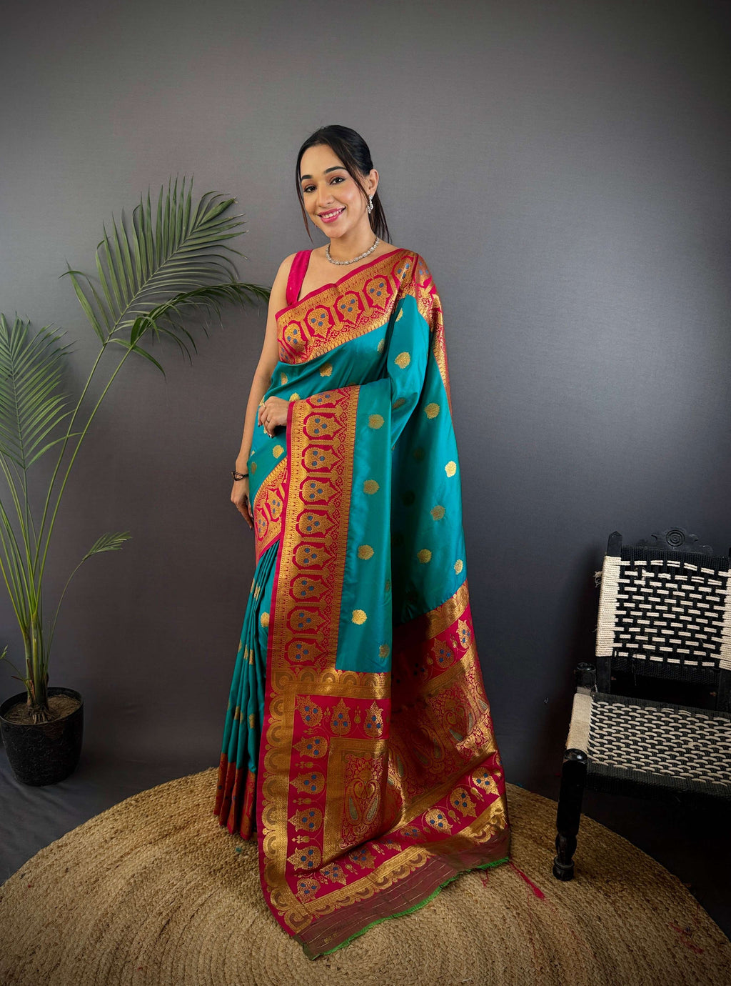 Sonakshi Women's Teal Banarasi Silk Zari Woven Traditional Saree with Blouse - Distacart