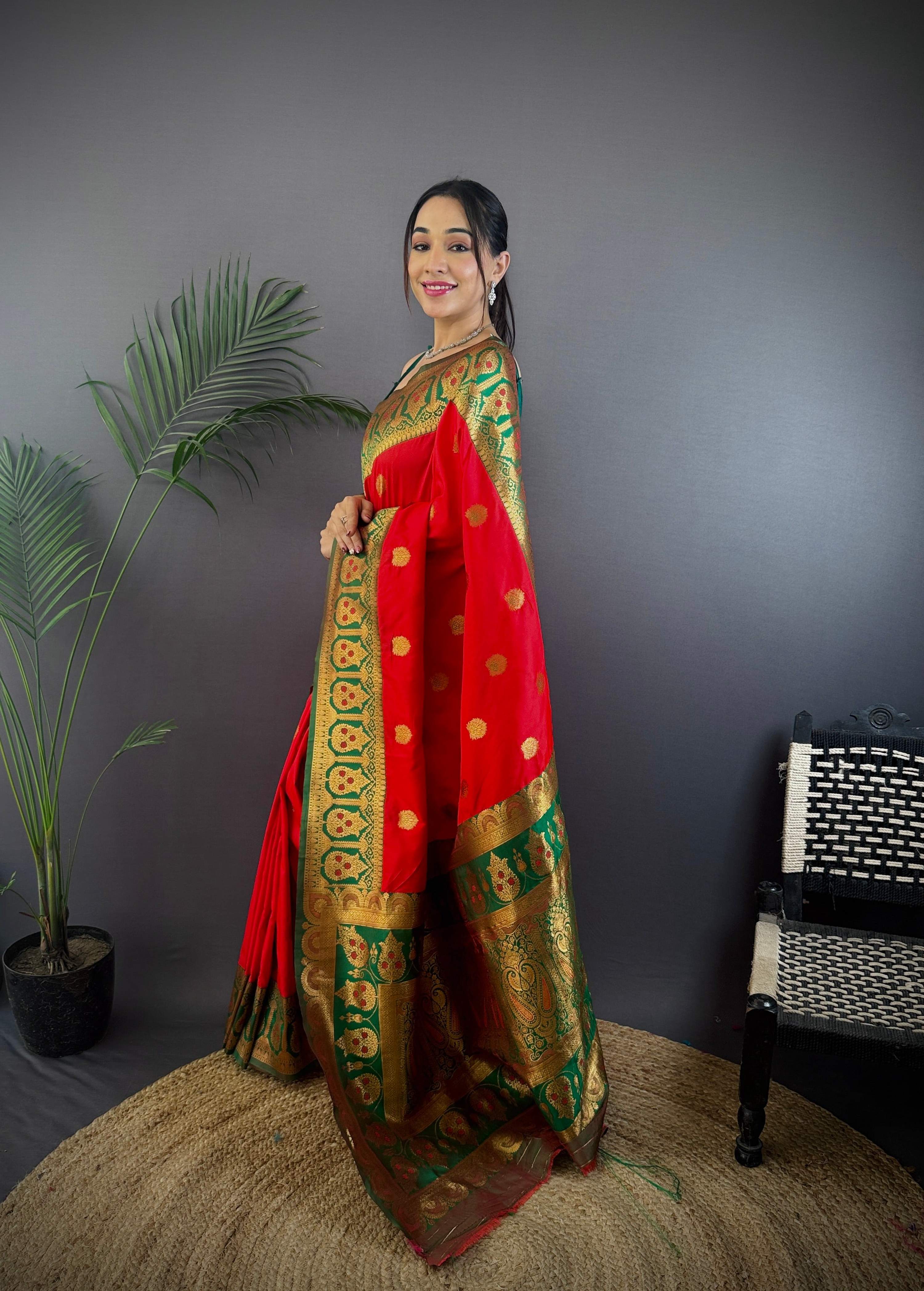 Sonakshi Women's Red Banarasi Silk Zari Woven Traditional Saree with Blouse - Distacart