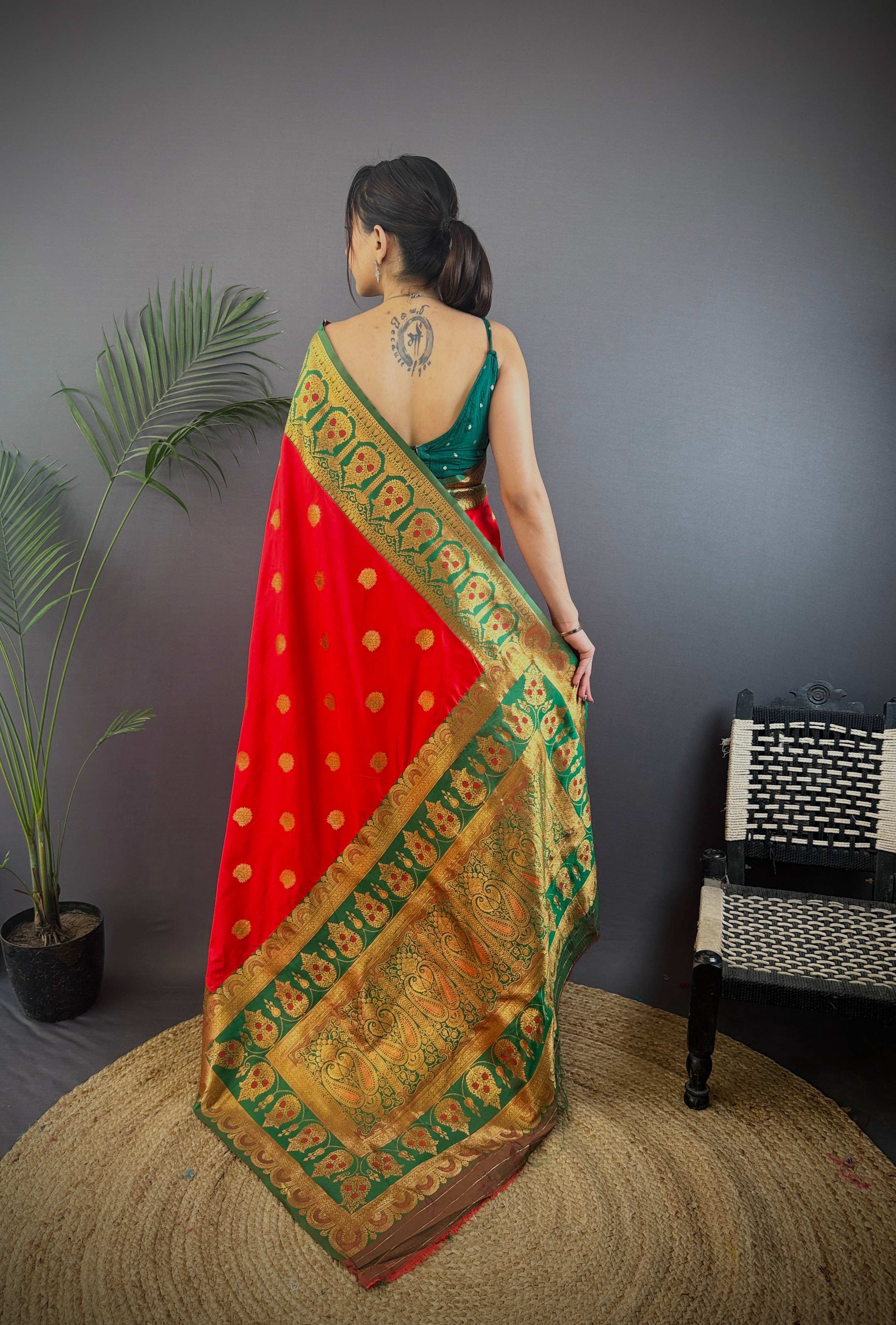 Sonakshi Women's Red Banarasi Silk Zari Woven Traditional Saree with Blouse - Distacart