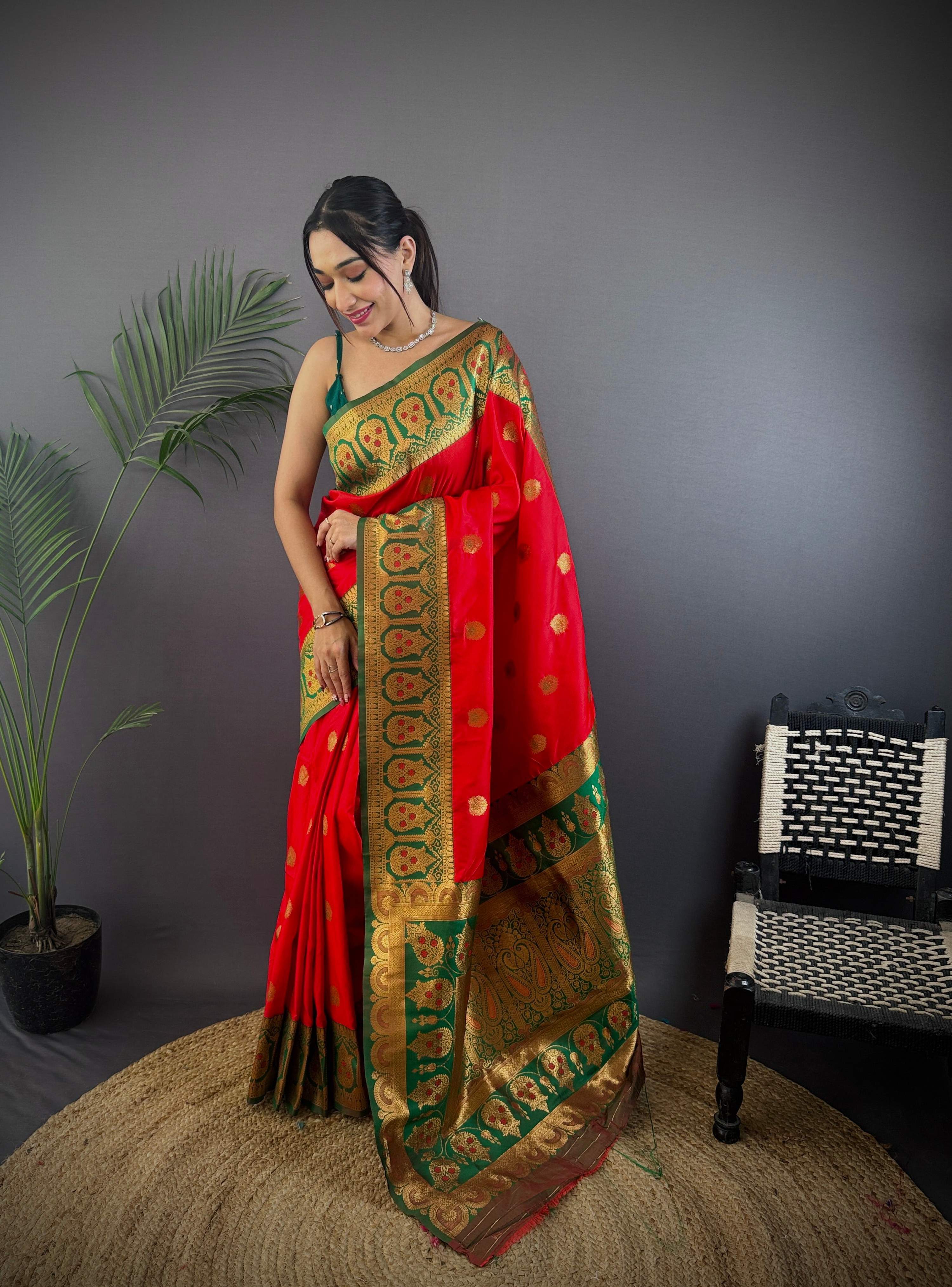 Sonakshi Women's Red Banarasi Silk Zari Woven Traditional Saree with Blouse - Distacart