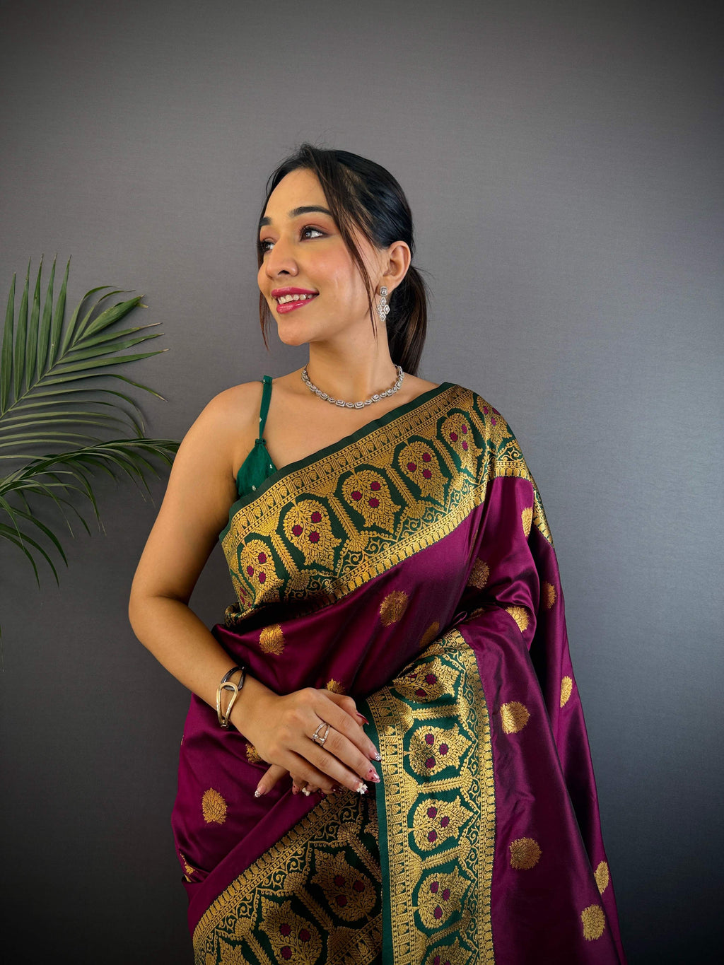 Sonakshi Women's Wine Banarasi Silk Zari Woven Traditional Saree with Blouse - Distacart