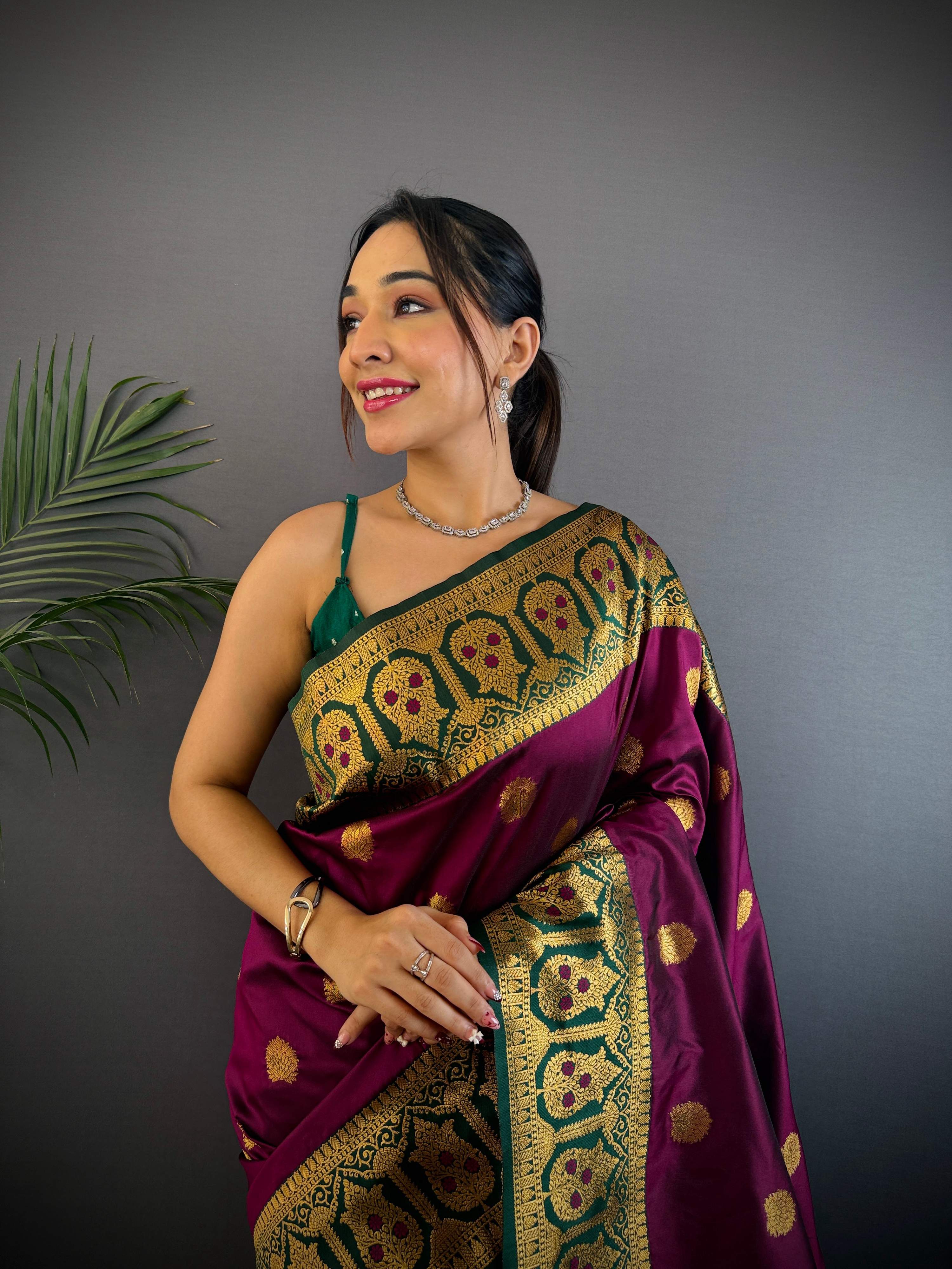 Sonakshi Women's Wine Banarasi Silk Zari Woven Traditional Saree with Blouse - Distacart