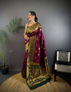Sonakshi Women's Wine Banarasi Silk Zari Woven Traditional Saree with Blouse - Distacart