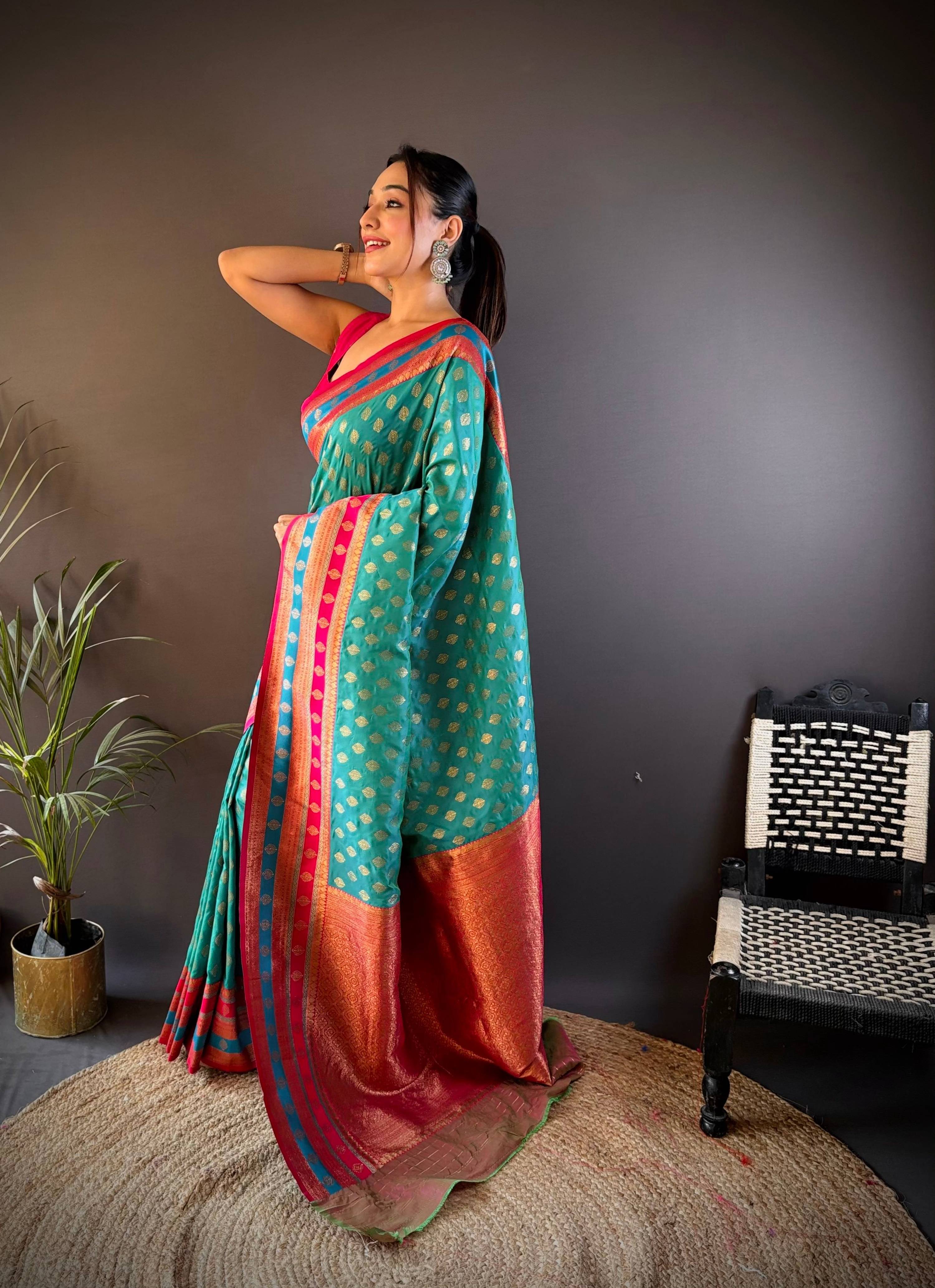 Sonakshi Women's Teal Banarasi Silk Zari Woven Traditional Saree with Blouse - Distacart