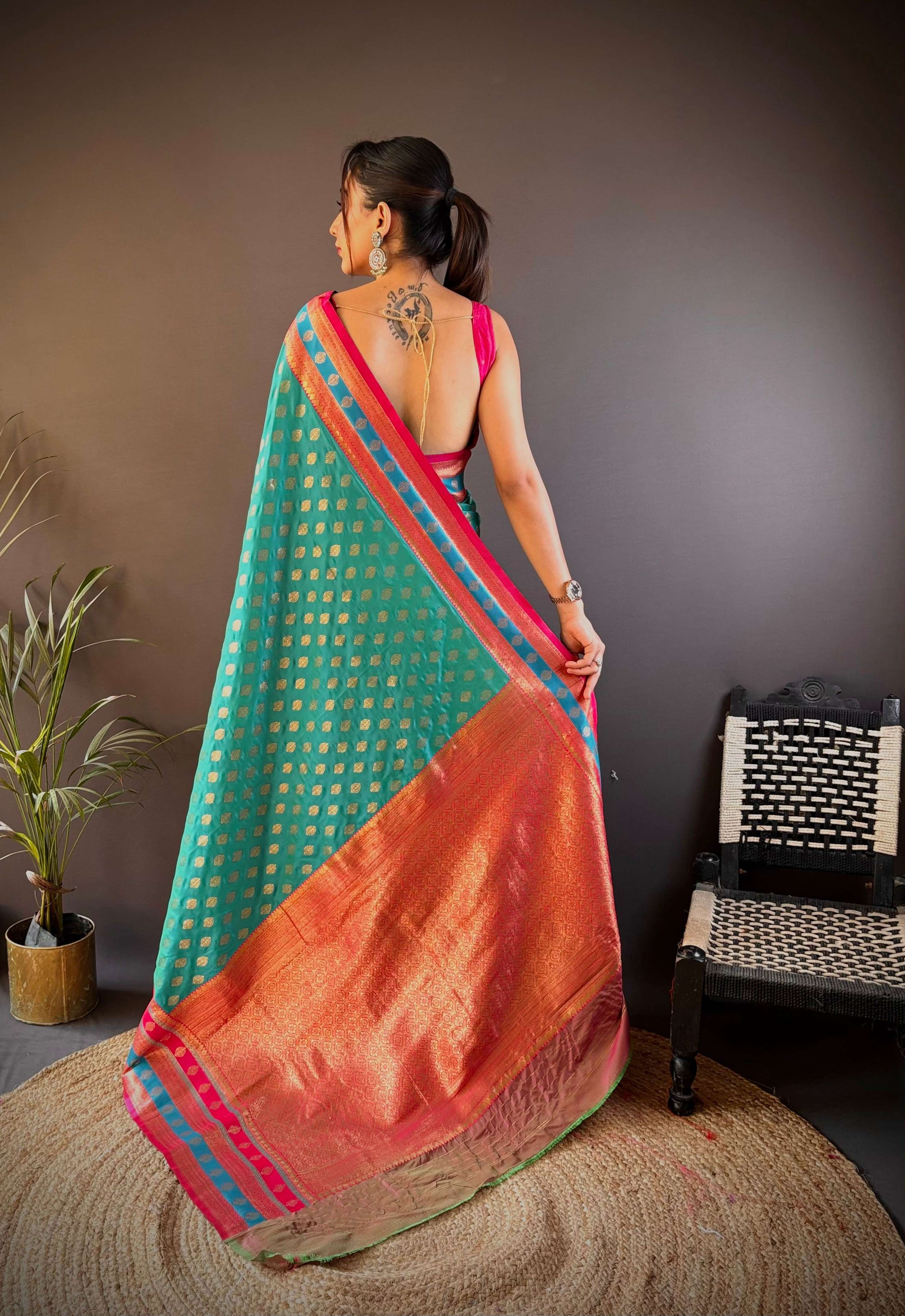 Sonakshi Women's Teal Banarasi Silk Zari Woven Traditional Saree with Blouse - Distacart
