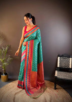 Sonakshi Women's Teal Banarasi Silk Zari Woven Traditional Saree with Blouse - Distacart