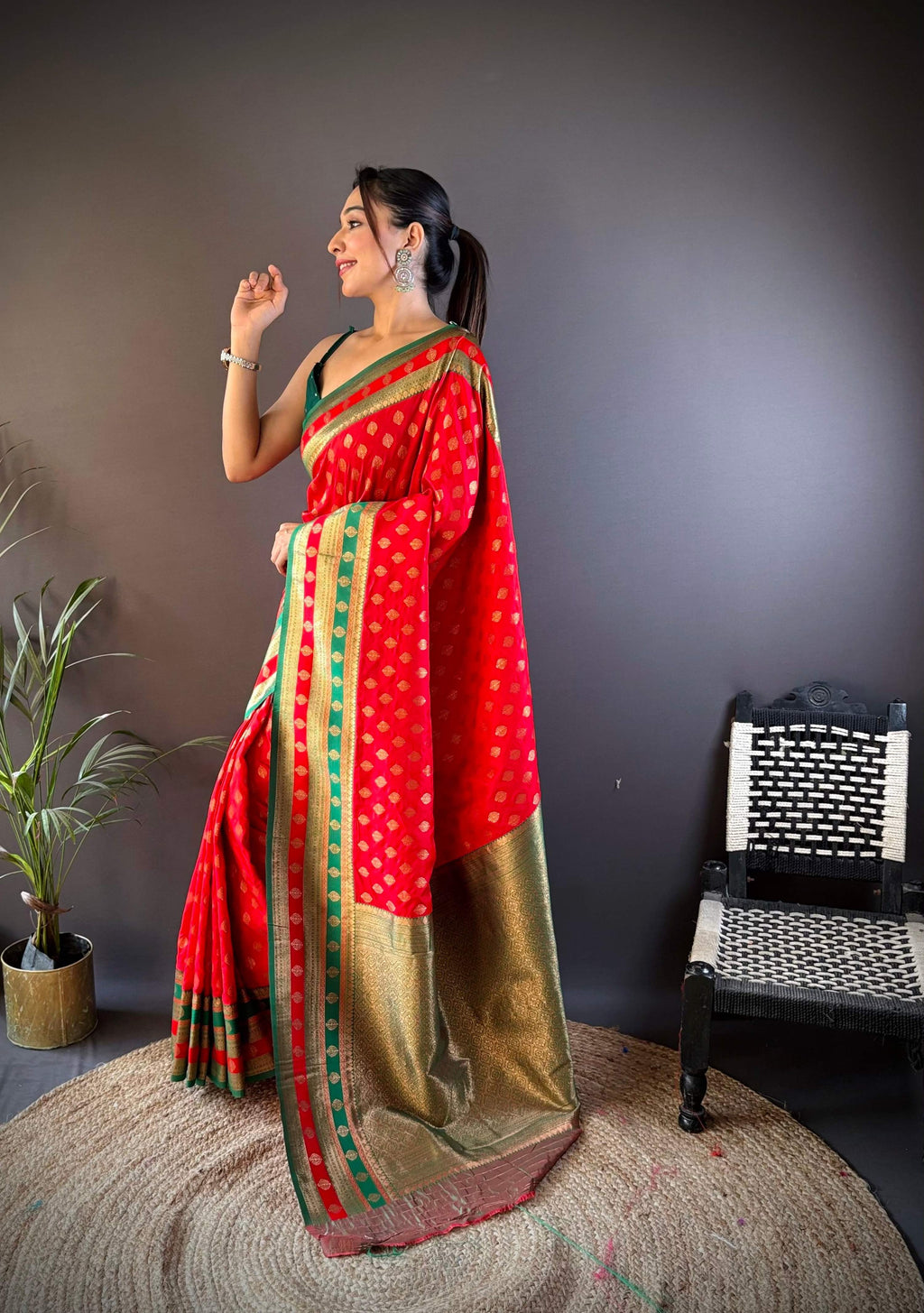 Sonakshi Women's Red Banarasi Silk Zari Woven Traditional Saree with Blouse - Distacart