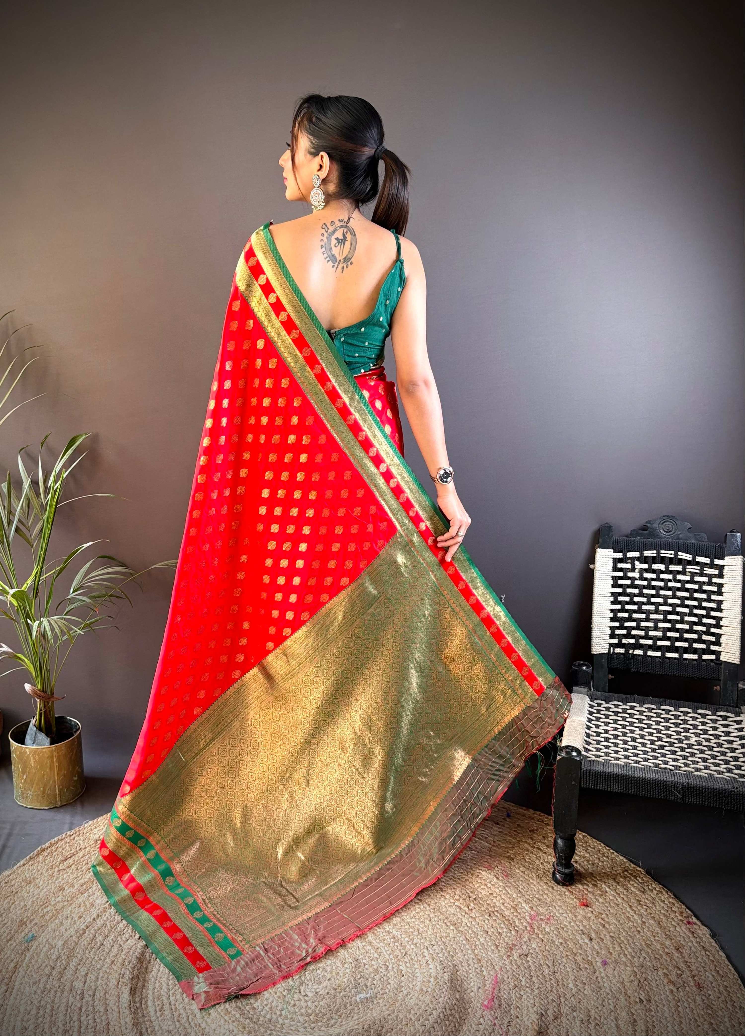 Sonakshi Women's Red Banarasi Silk Zari Woven Traditional Saree with Blouse - Distacart