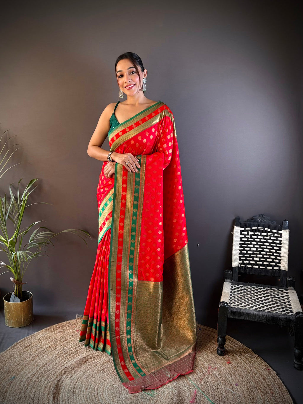 Sonakshi Women's Red Banarasi Silk Zari Woven Traditional Saree with Blouse - Distacart