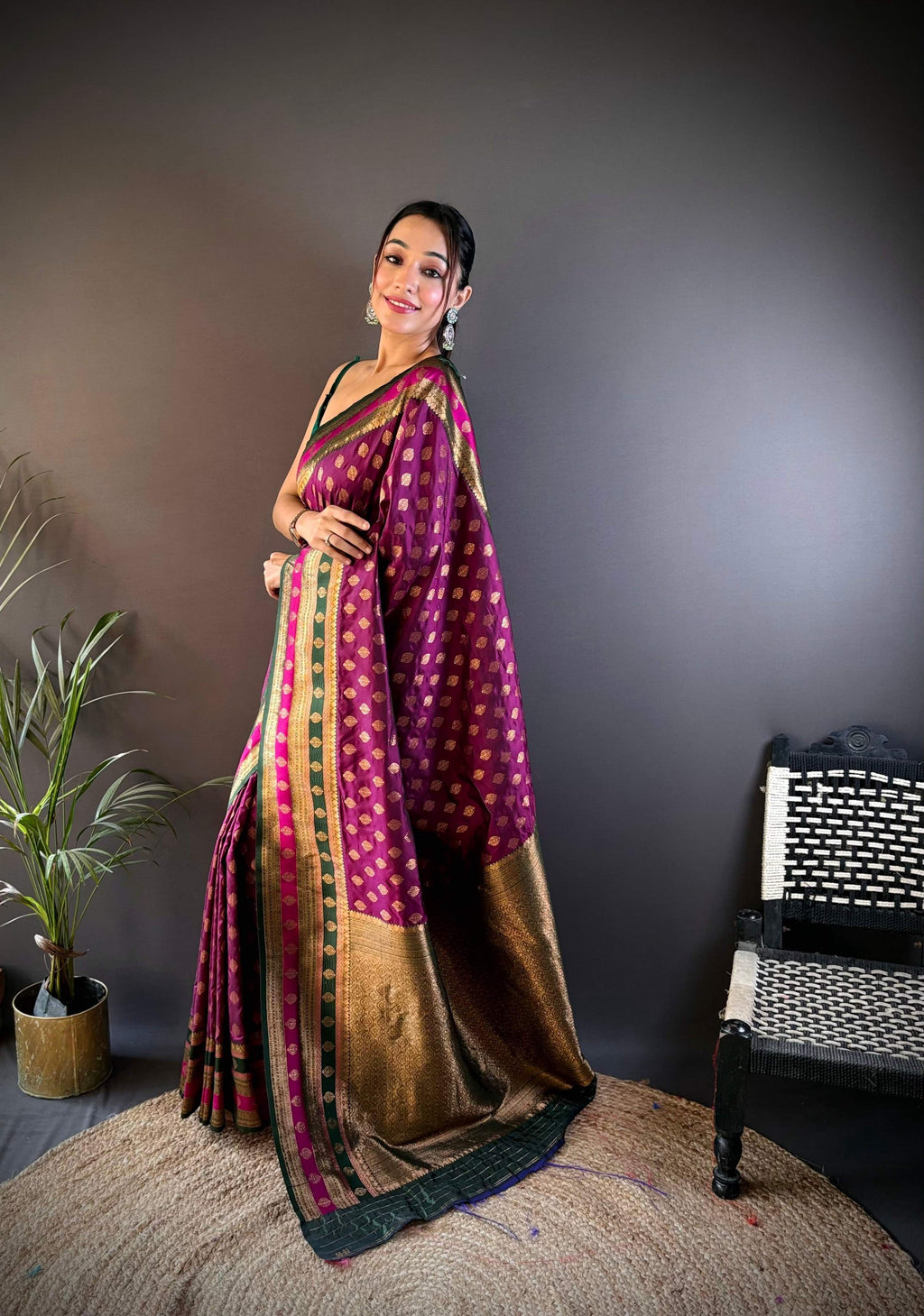 Sonakshi Women's Wine Banarasi Silk Zari Woven Traditional Saree with Blouse - Distacart