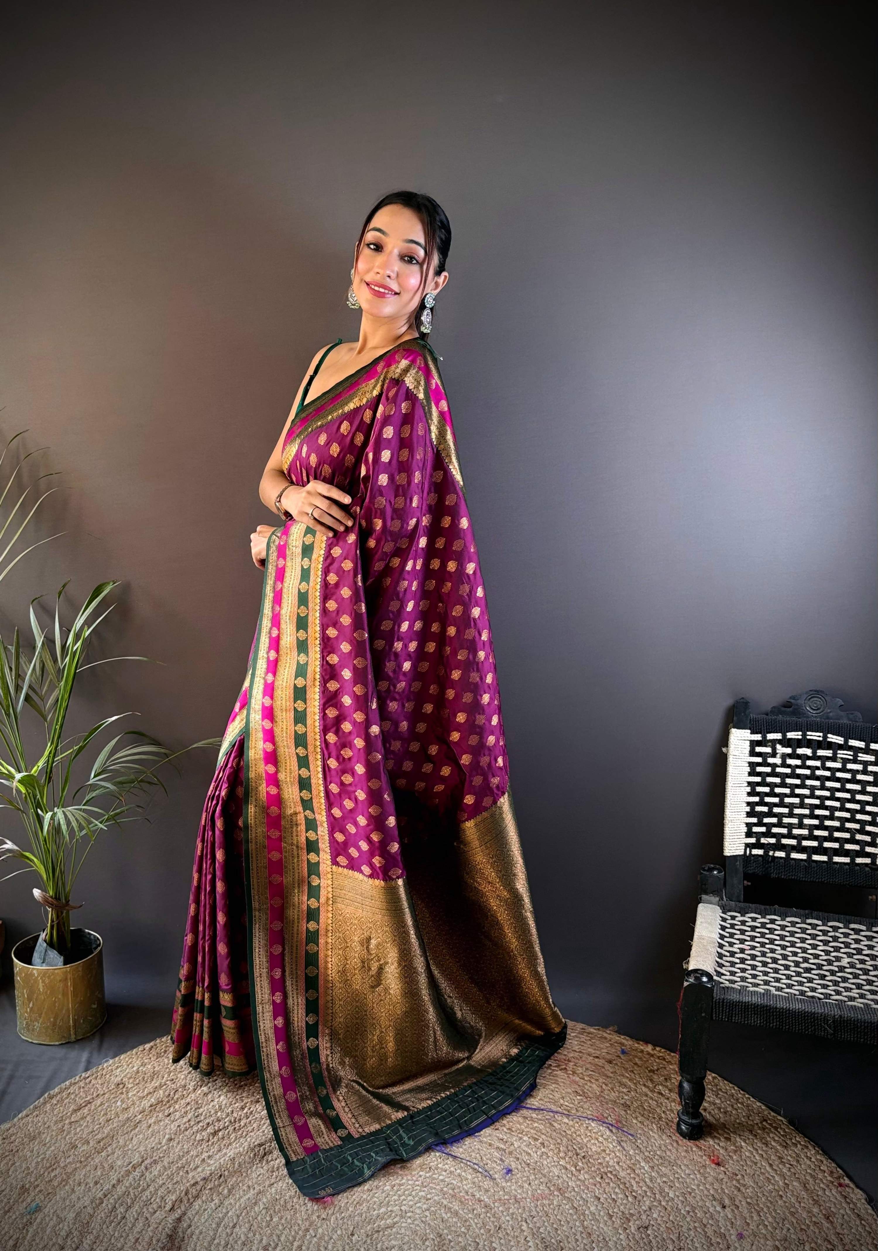Sonakshi Women's Wine Banarasi Silk Zari Woven Traditional Saree with Blouse - Distacart
