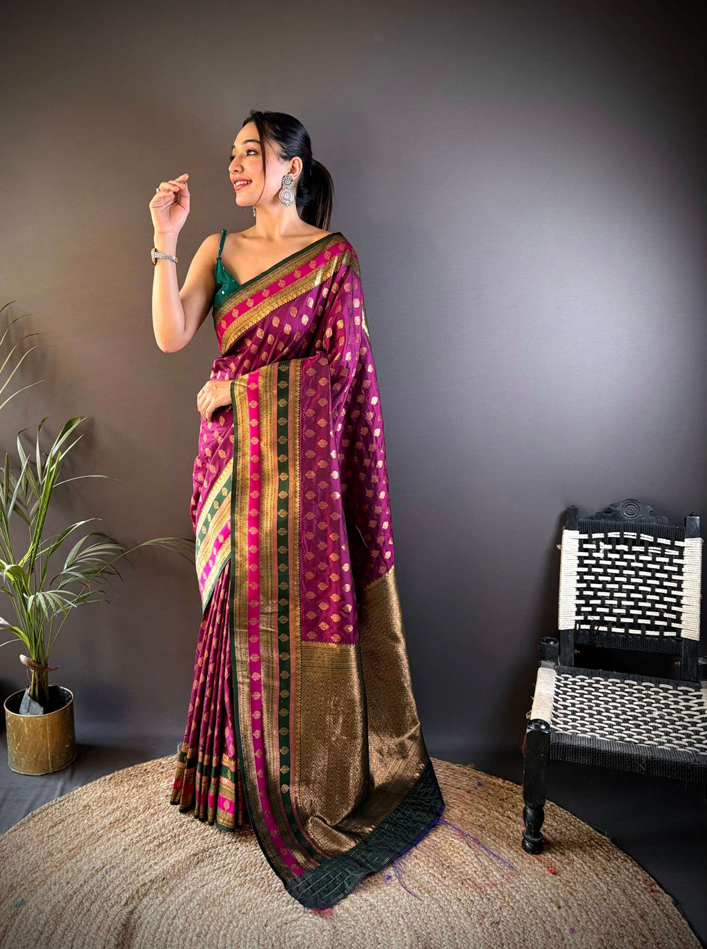 Sonakshi Women's Wine Banarasi Silk Zari Woven Traditional Saree with Blouse - Distacart