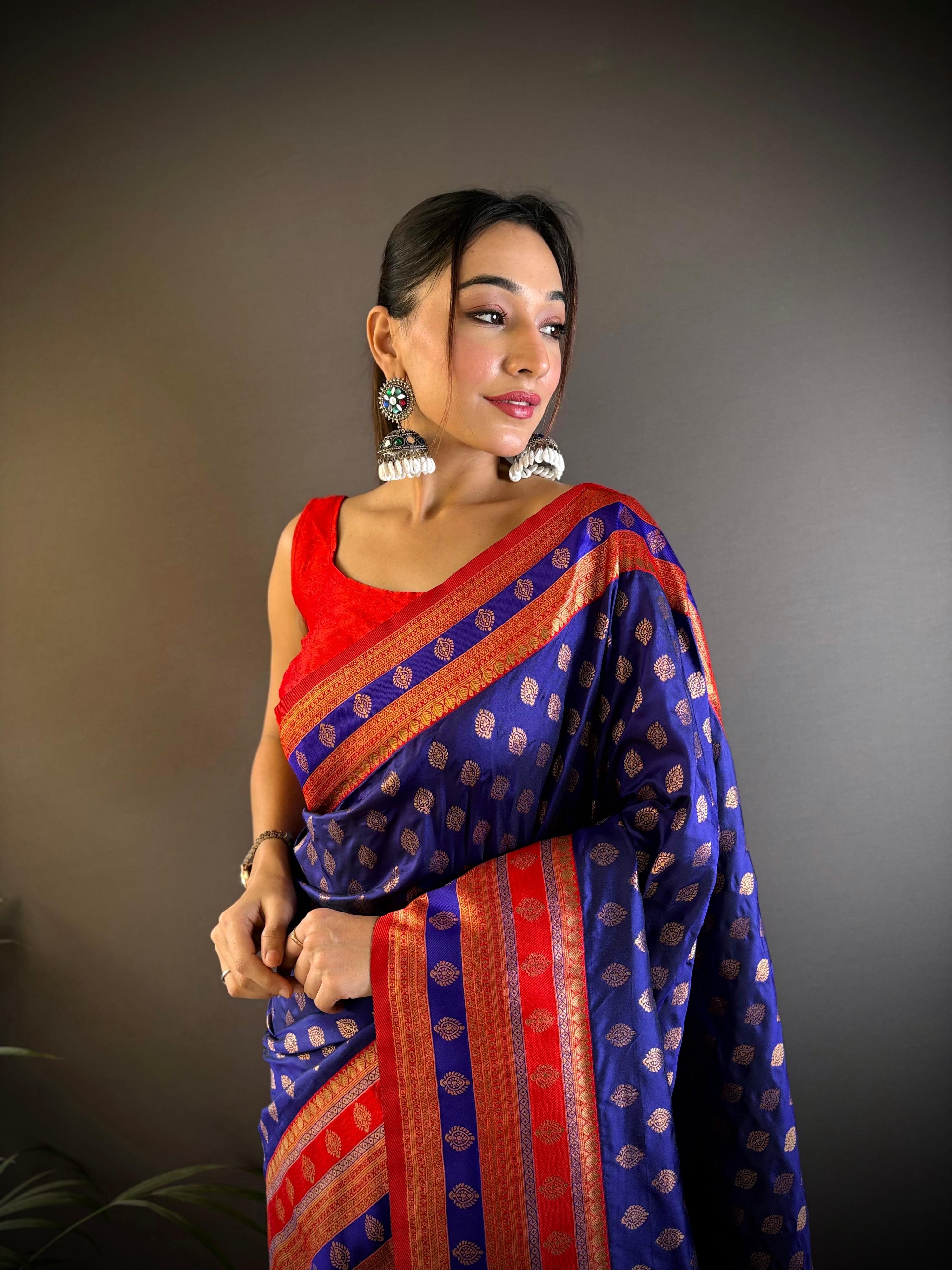 Sonakshi Women's Royal Blue Banarasi Silk Zari Woven Traditional Saree with Blouse - Distacart