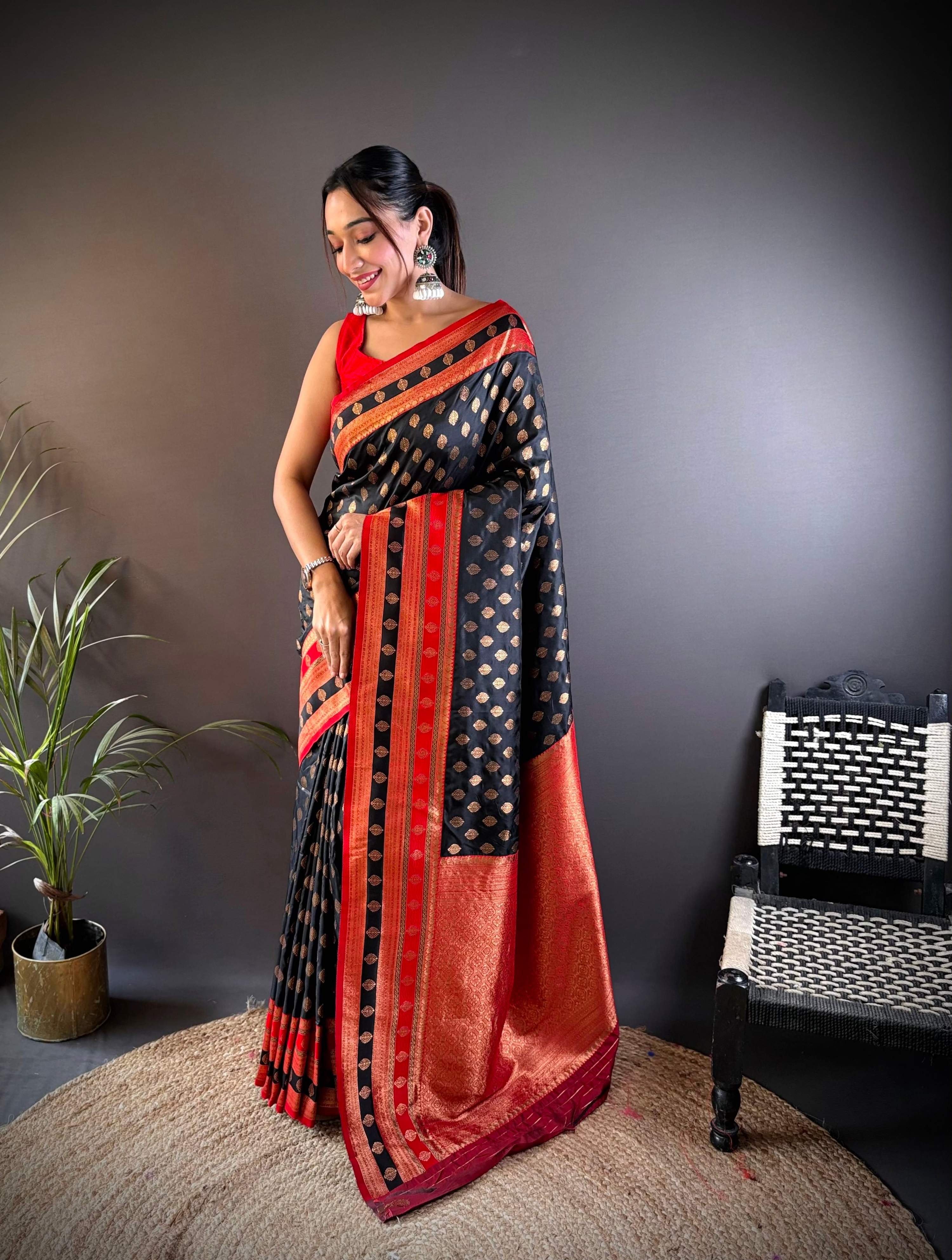 Sonakshi Women's Black Banarasi Silk Zari Woven Traditional Saree with Blouse - Distacart