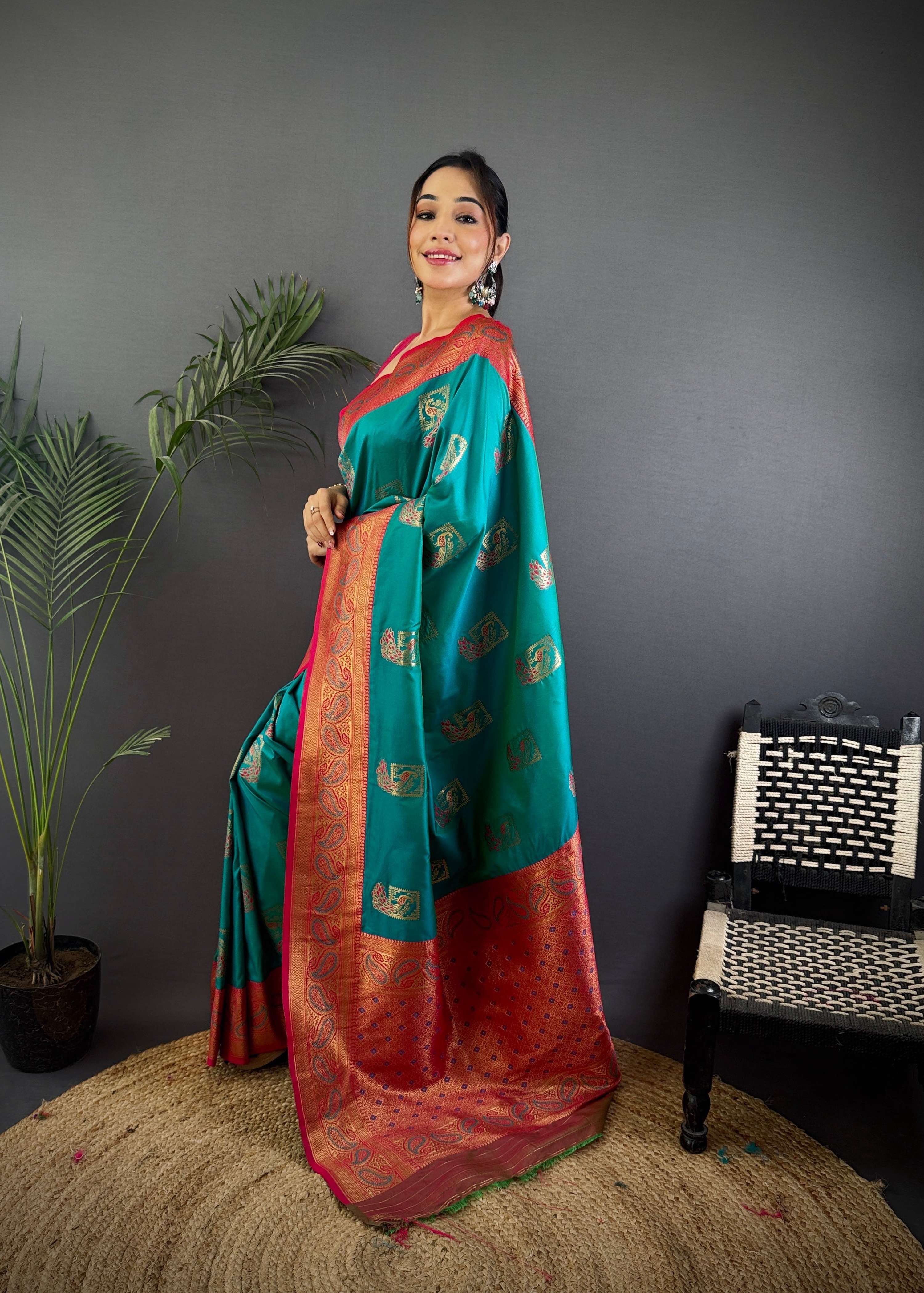 Sonakshi Women's Teal Banarasi Silk Zari Woven Traditional Saree with Blouse - Distacart