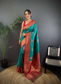 Sonakshi Women's Teal Banarasi Silk Zari Woven Traditional Saree with Blouse - Distacart