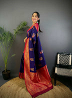 Sonakshi Women's Navy Blue Banarasi Silk Zari Woven Traditional Saree with Blouse - Distacart