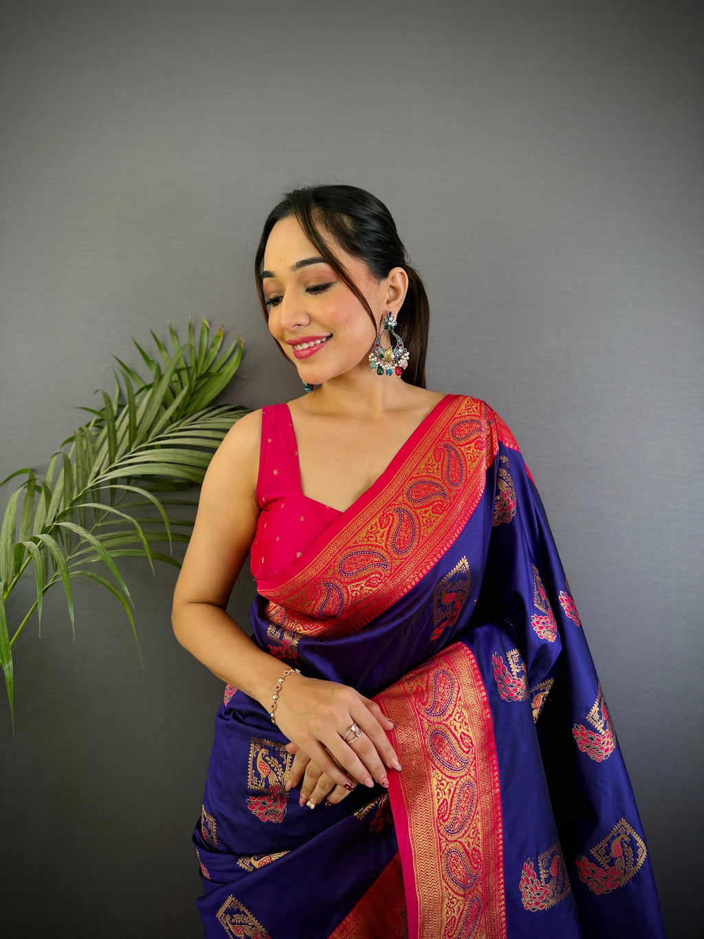 Sonakshi Women's Navy Blue Banarasi Silk Zari Woven Traditional Saree with Blouse - Distacart