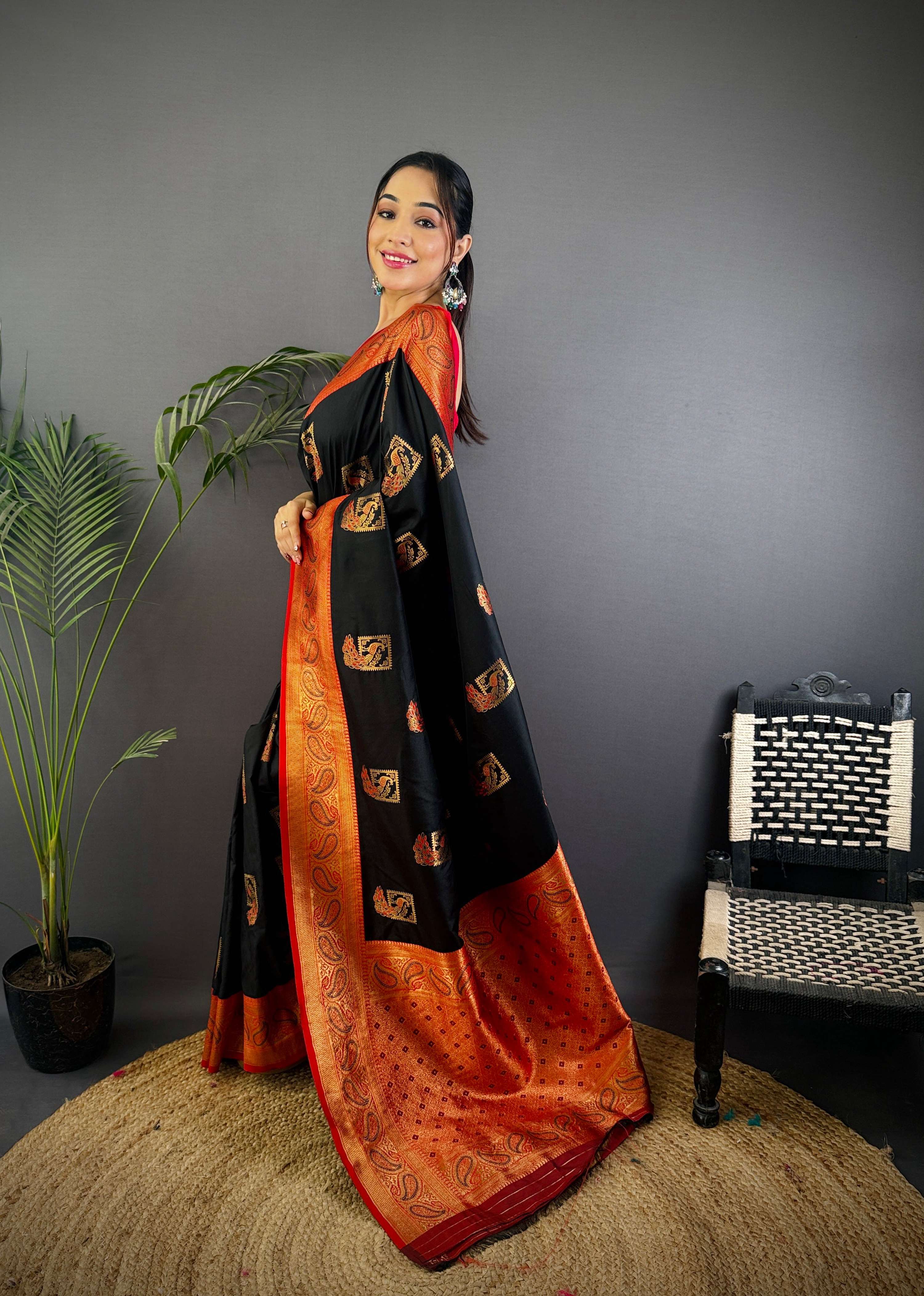 Sonakshi Women's Black Banarasi Silk Zari Woven Traditional Saree with Blouse - Distacart