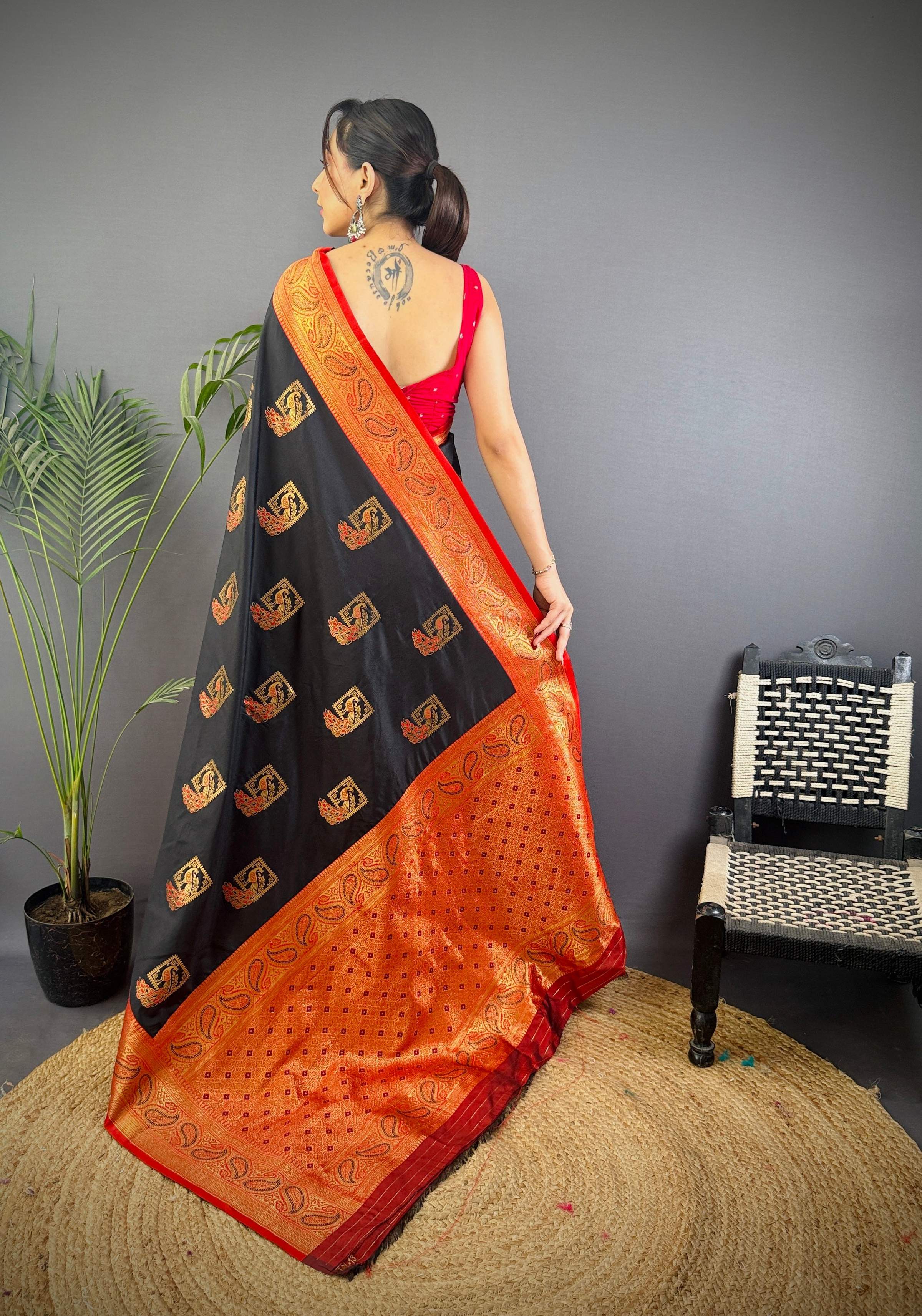 Sonakshi Women's Black Banarasi Silk Zari Woven Traditional Saree with Blouse - Distacart